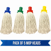 Four cotton cord mop heads with blue, green, red, and yellow plastic handles, shown side by side on a white background with a blue banner reading 'PACK OF 5 MOP HEADS'.