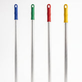 Four long silver metal poles with colorful plastic handles in blue, green, red, and yellow, arranged vertically against a plain white background.