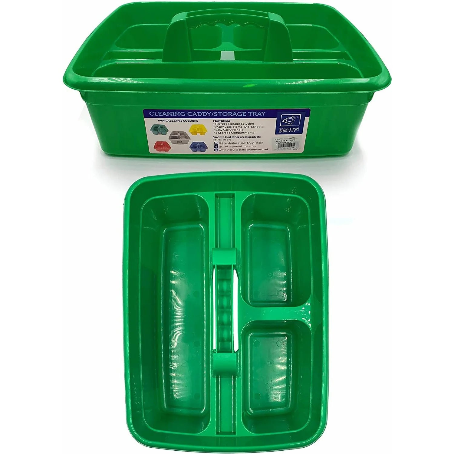 Green cleaning caddy with compartments on a white background