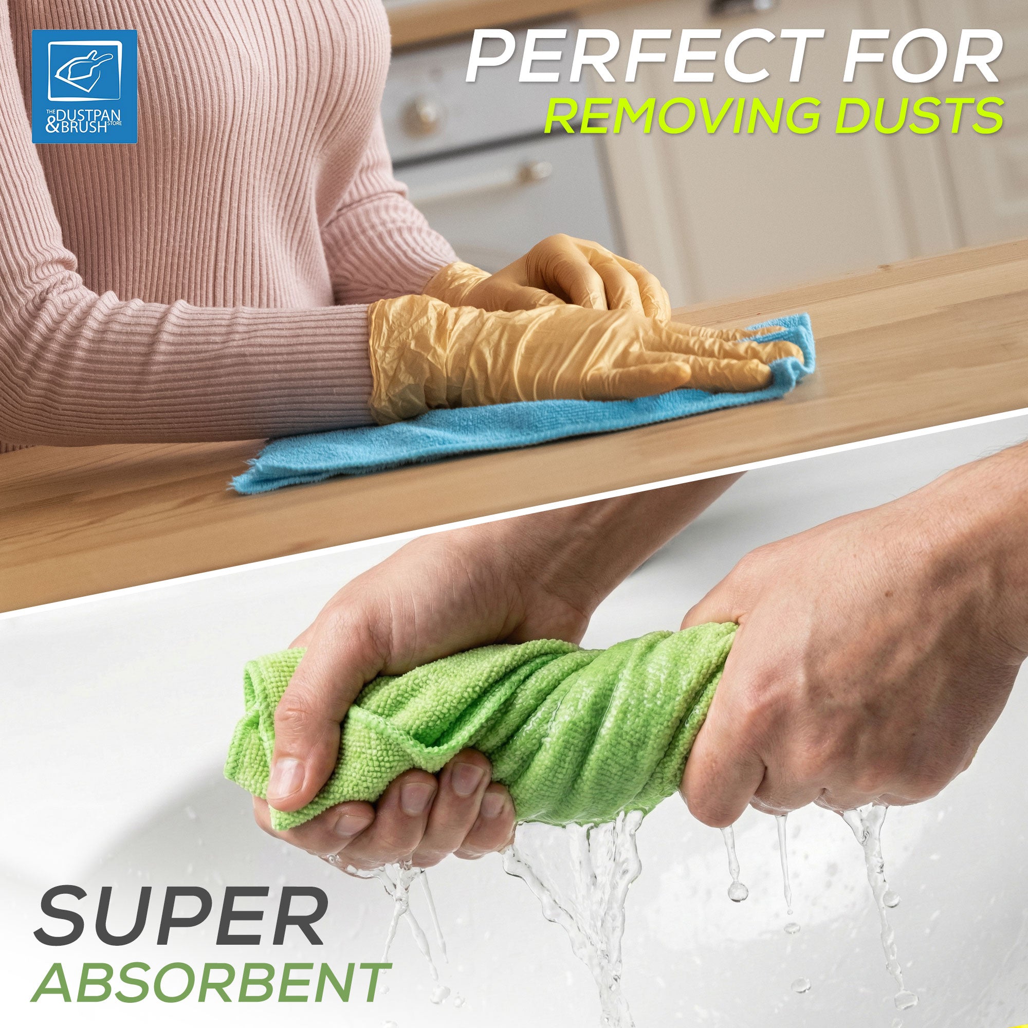 Person cleaning a surface with a blue cloth, followed by hands holding a green towel with water droplets, against a kitchen background.