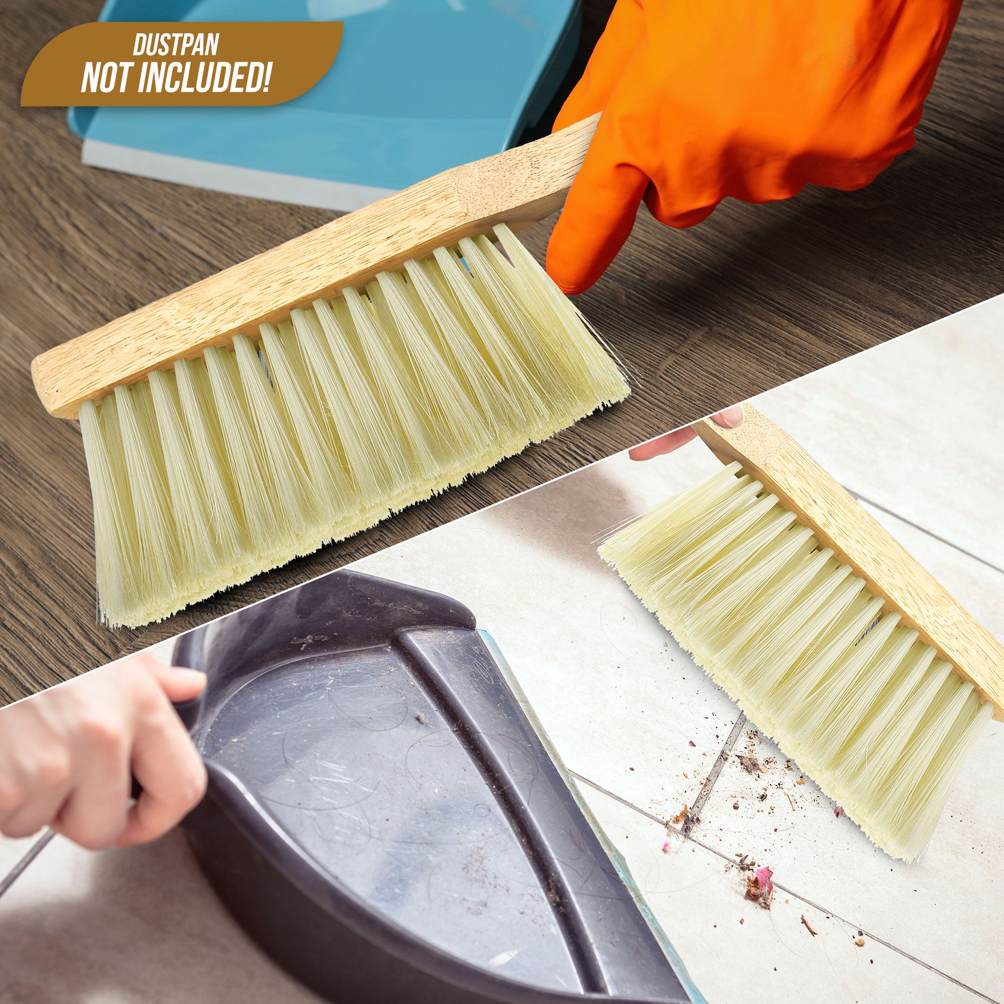 environmental shot of Newman and Cole Varnished Soft PVC Hand Brush sweeping up dust