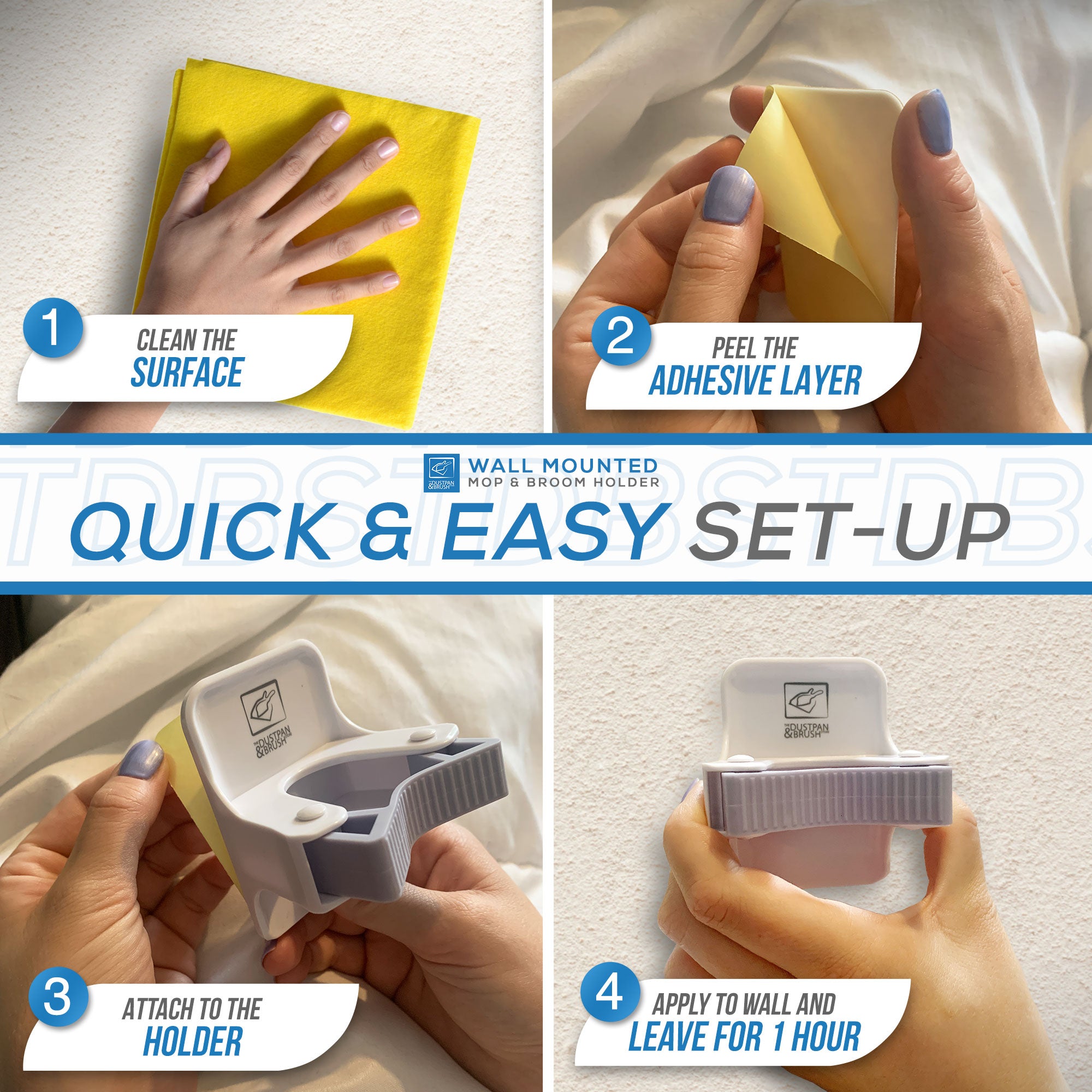 Step-by-step guide on how to use a wall-mounted adhesive strip with hands performing each action.