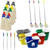 A set of cleaning supplies on a white background, including multiple cotton mop heads with twist-top handles in blue, green, yellow, and red, several long-handled mops, four bucket wands with coloured caps, a grey bucket, and four plastic buckets in blue, red, green, and yellow.