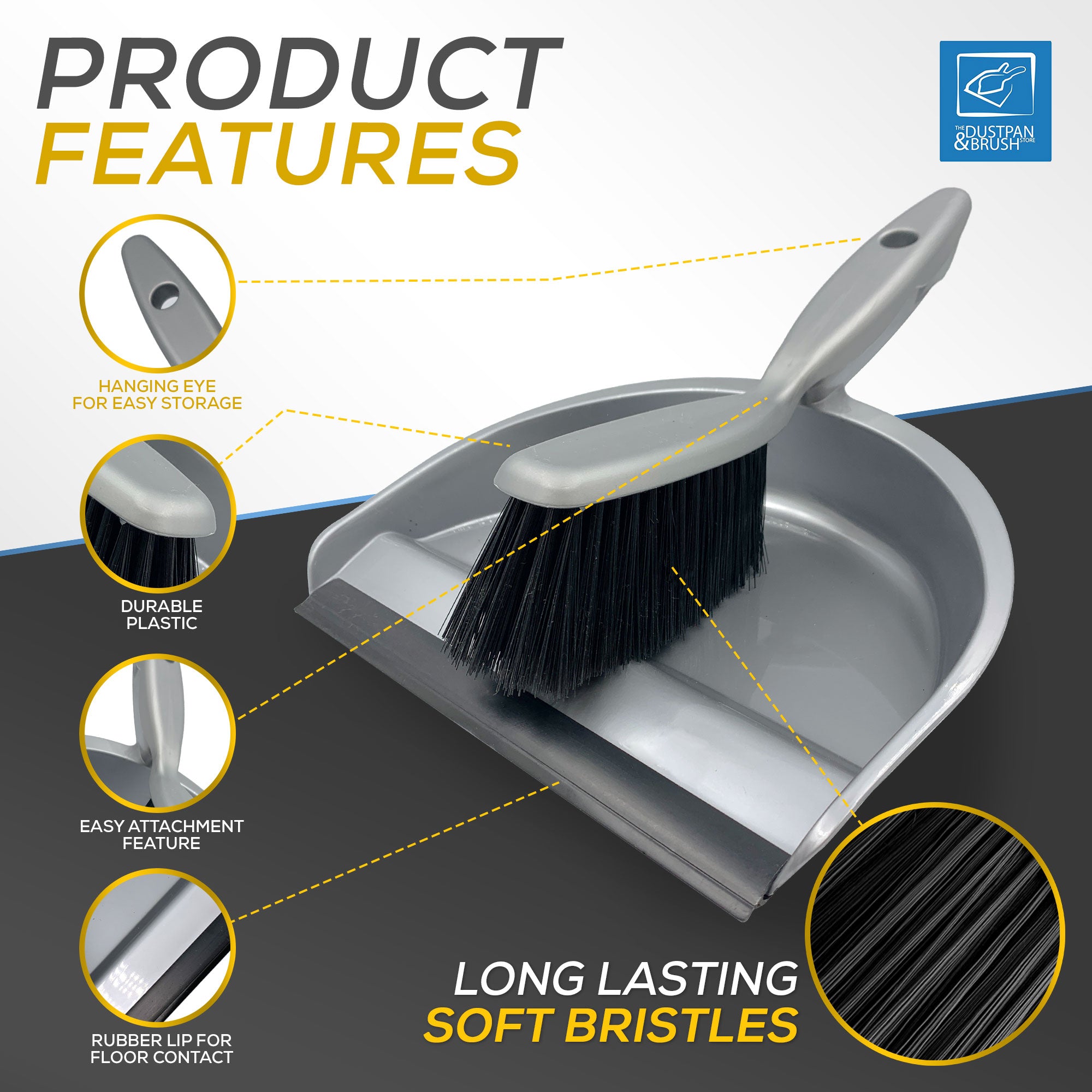 Gray dustpan and brush set with product features highlighted on a gray background