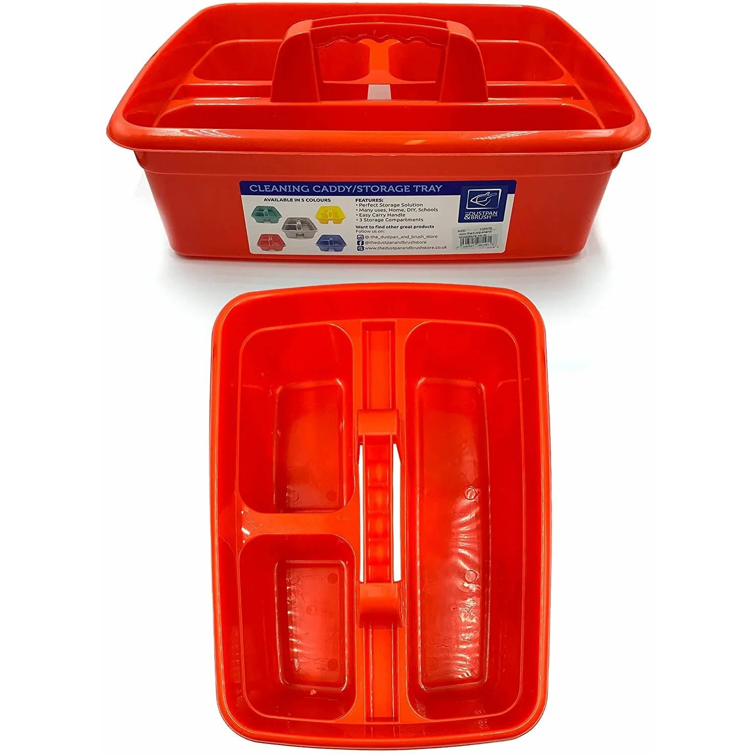 Red cleaning caddy/storage tray with compartments on a white background