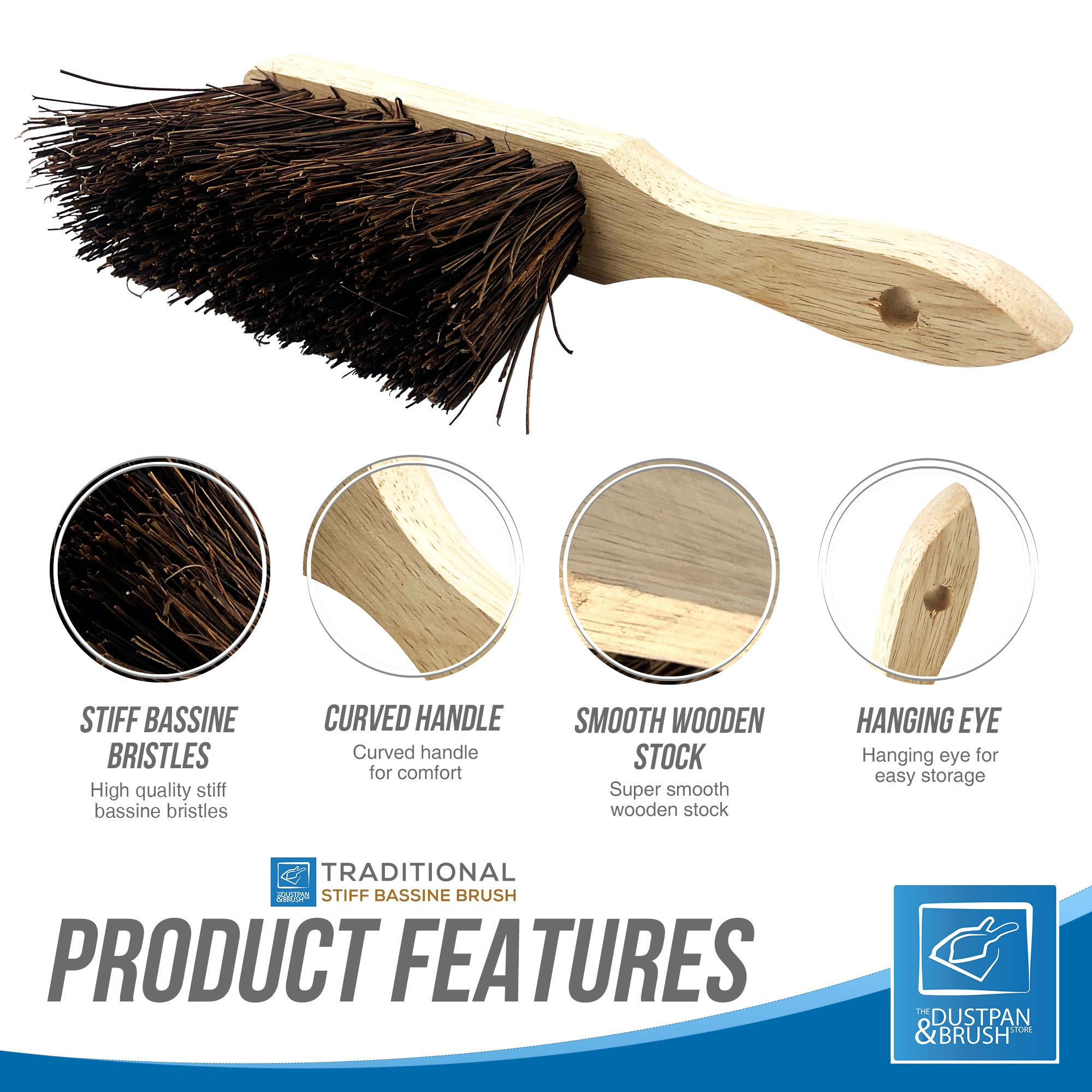 Dustpan and brush set with product features highlighted on a white background