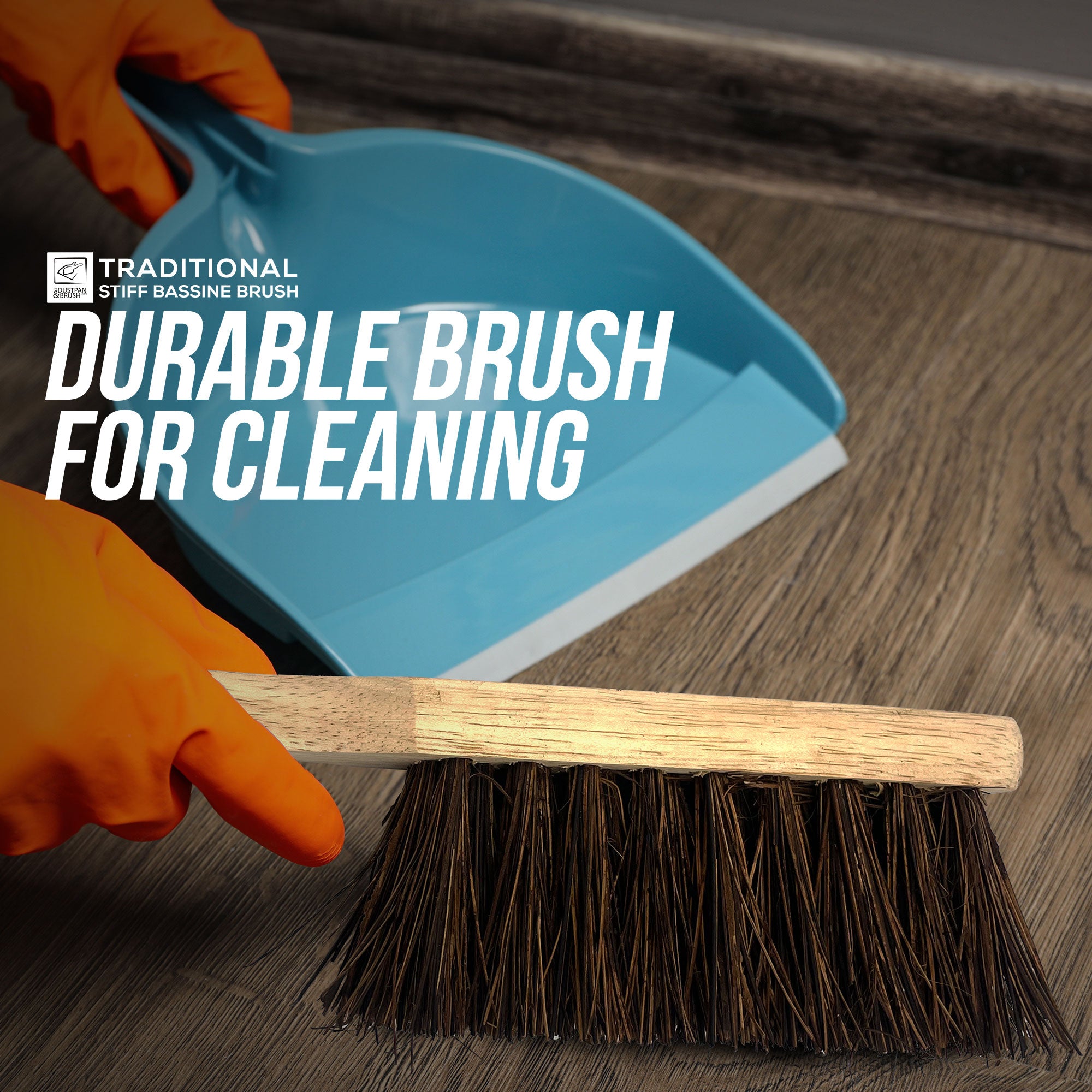 Hand holding a durable cleaning brush with text 'Durable Brush for Cleaning' on a wooden floor.