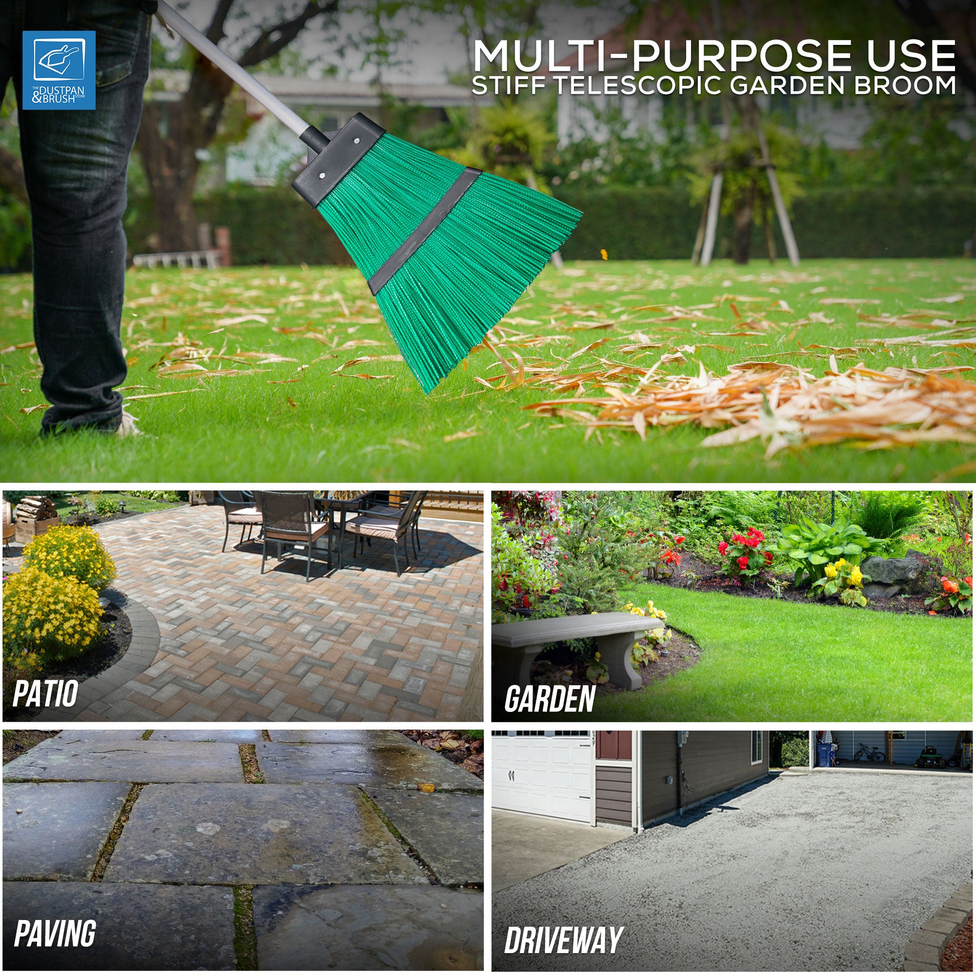 Telescopic Lawn and Gutter Flick Broom - Long PVC Bristle Outdoor Brush - The Dustpan and Brush Store