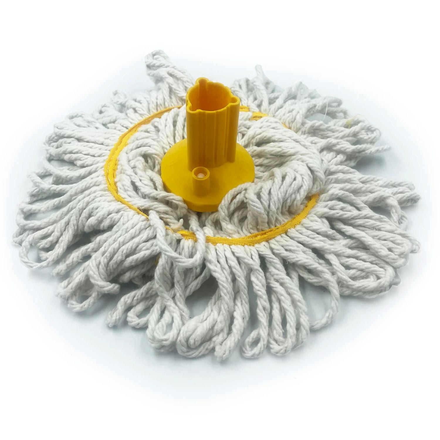 A white cotton microfiber floor mop head with a yellow plastic central hub, shown on a clean white background.