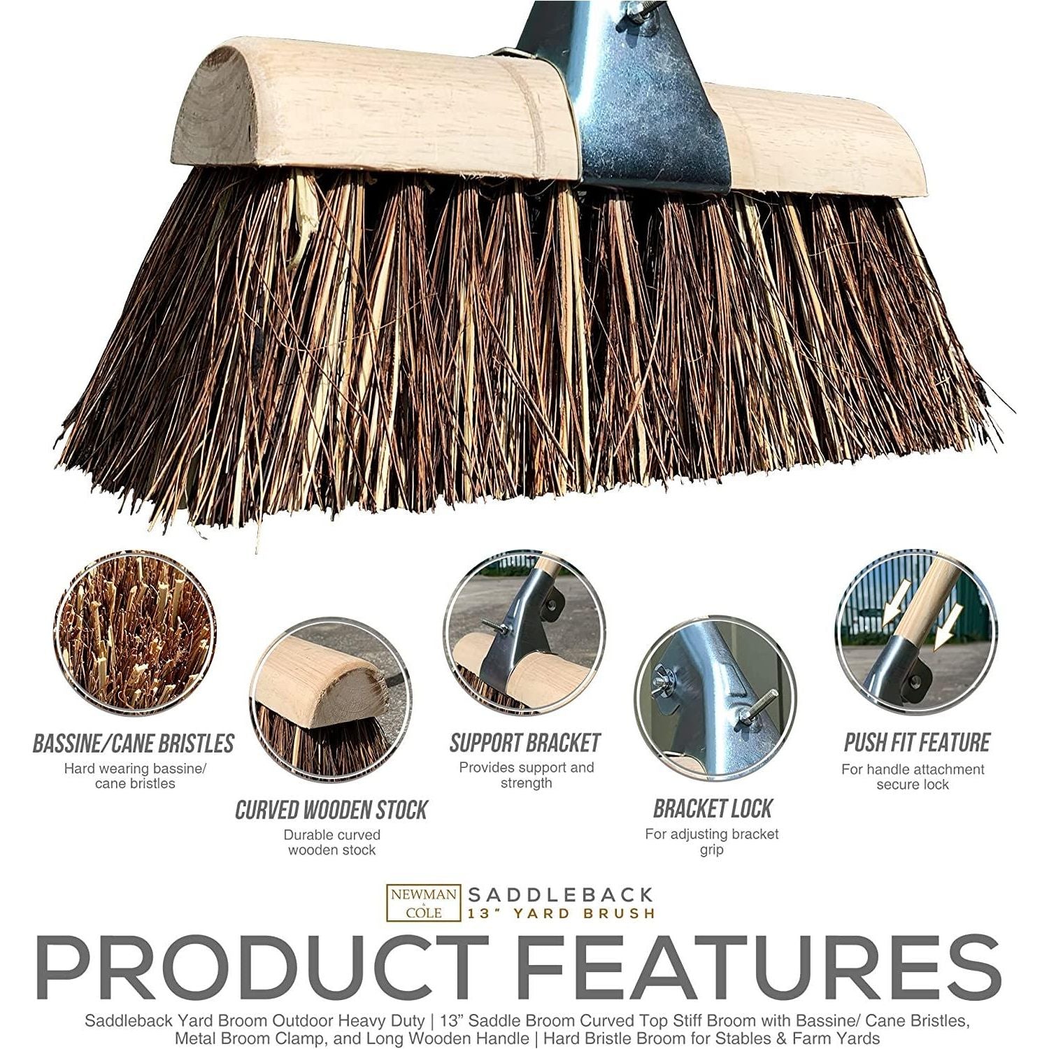 13" Newman and Cole Bass & Cane Saddle Broom Head with Bracket & Handle - The Dustpan and Brush Store