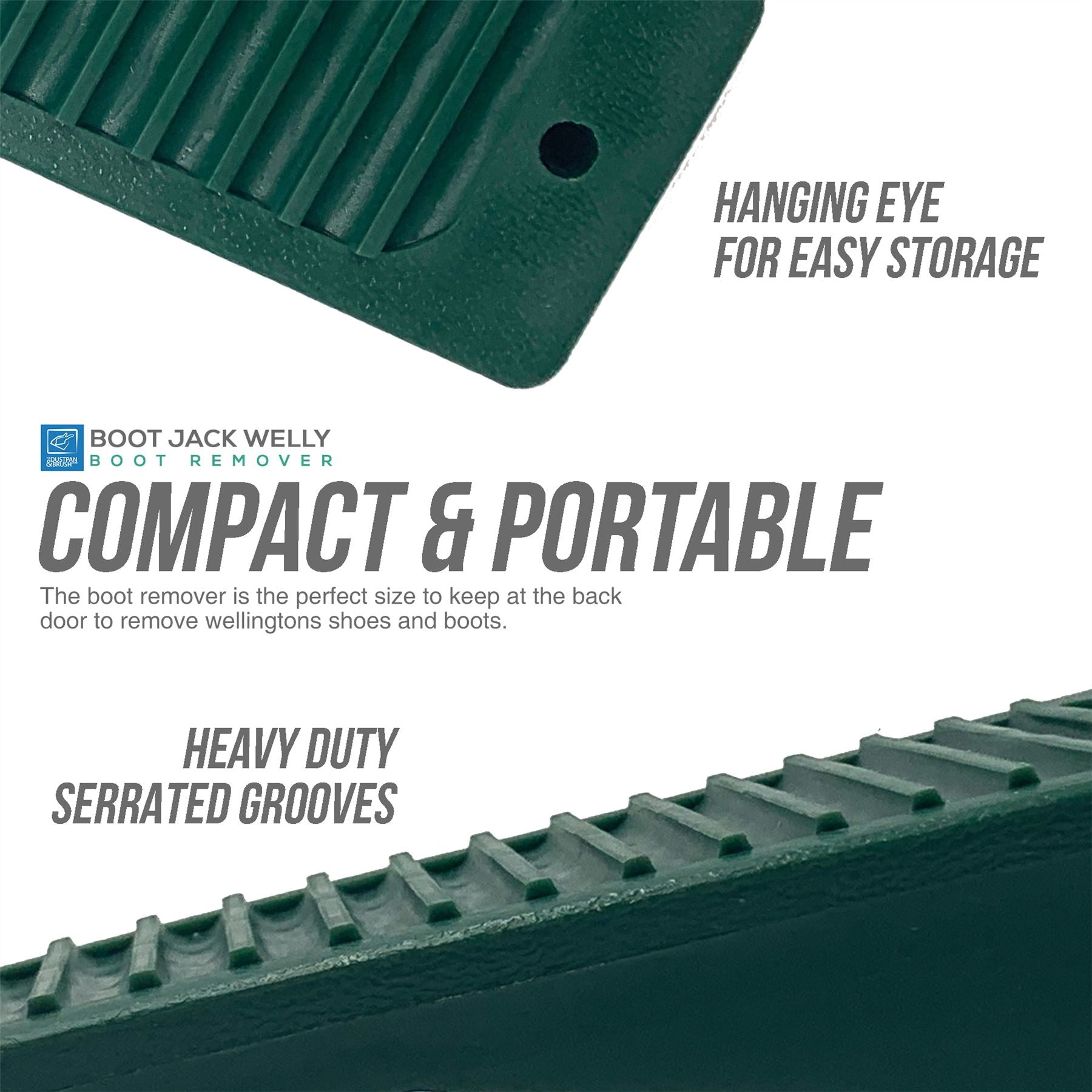 Green boot jack welly with text highlighting features on a white background