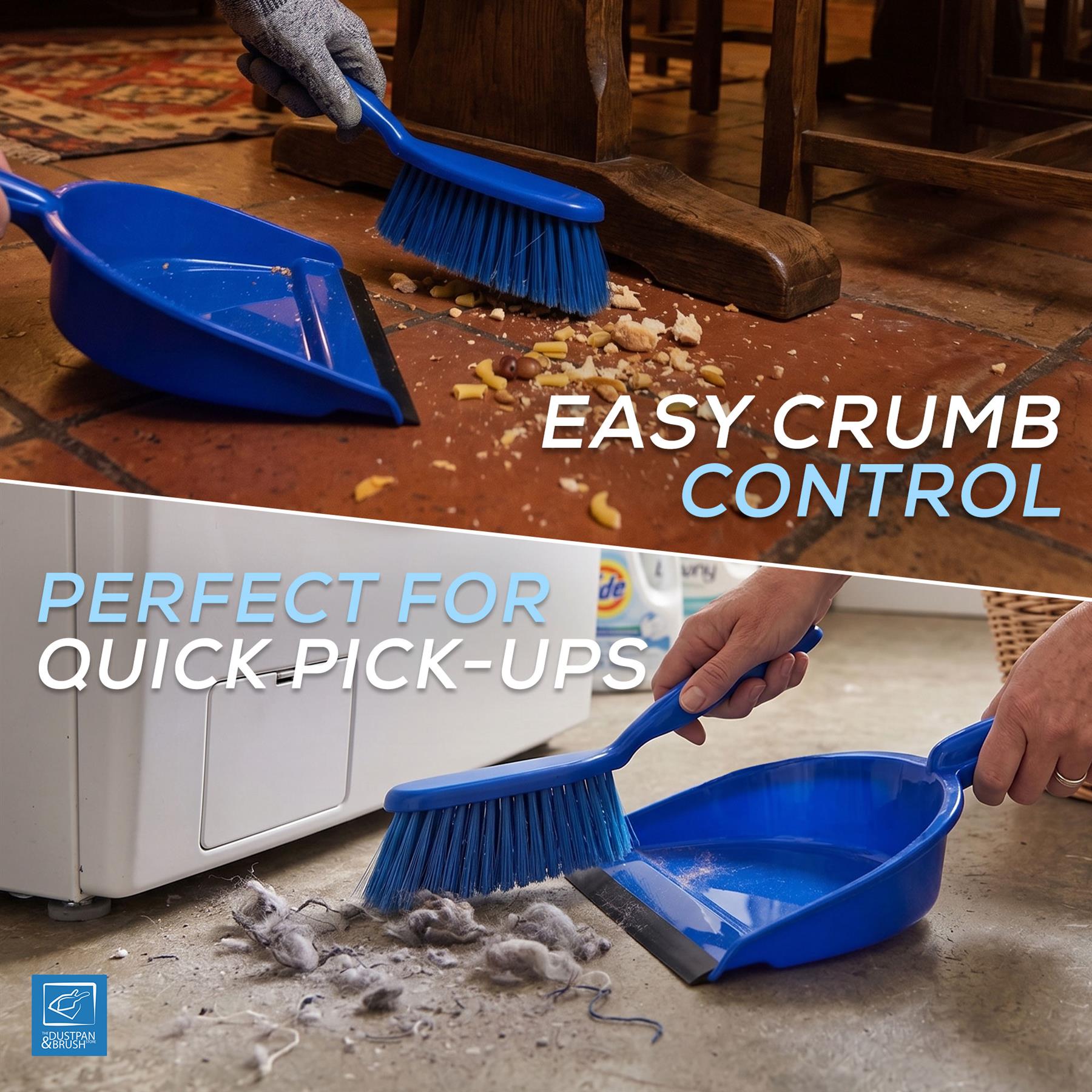 Cleaning set with blue broom and dustpan on a wooden floor with text 'Easy Crumb Control' and 'Perfect for Quick Pick-Ups'.