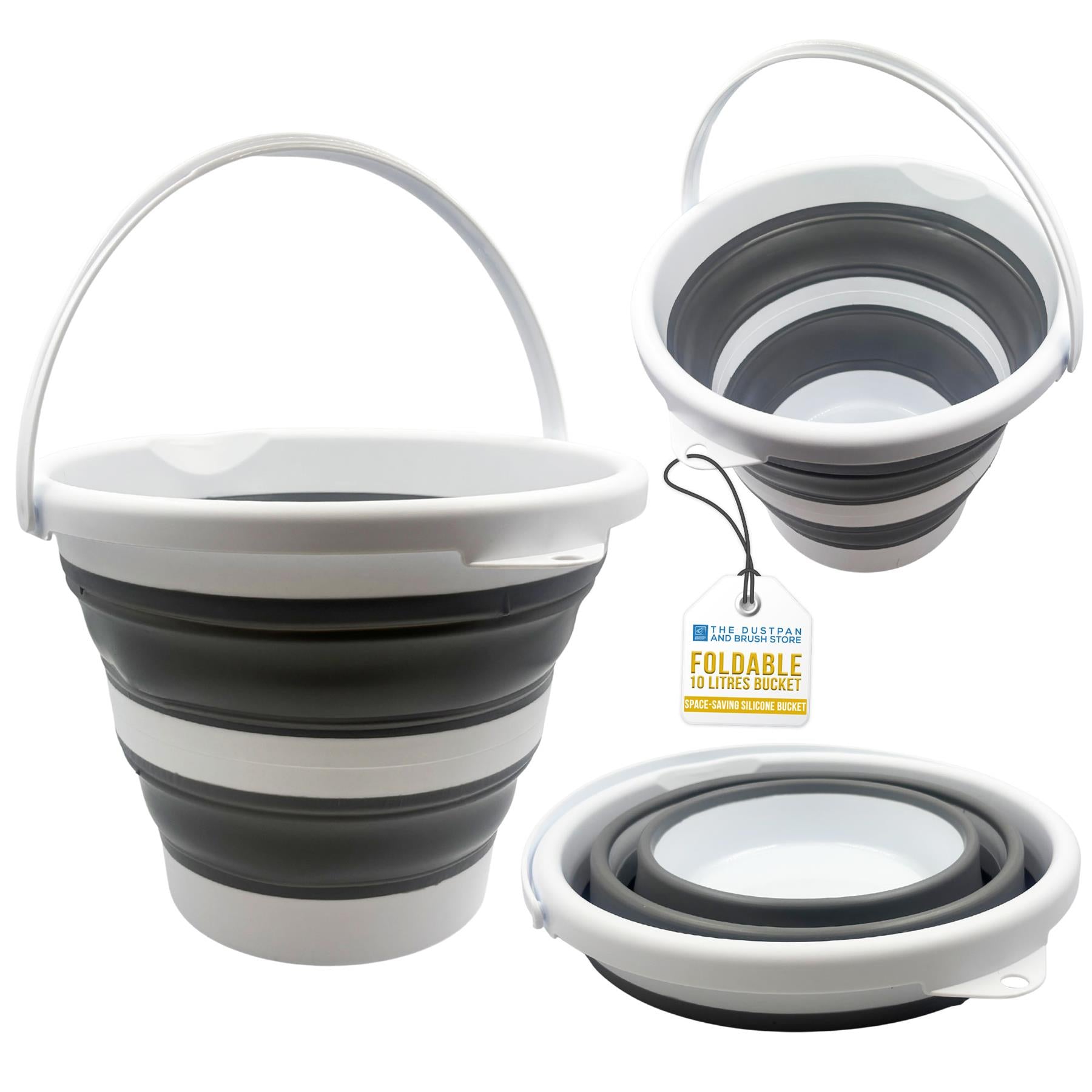 A foldable collapsible 10 litres bucket shown in multiple states: fully expanded on the left, partially folded at top right, fully folded at bottom right, and with a hangtag in the centre. The bucket has a white plastic handle and rim with dark grey silicone collapsible bands.