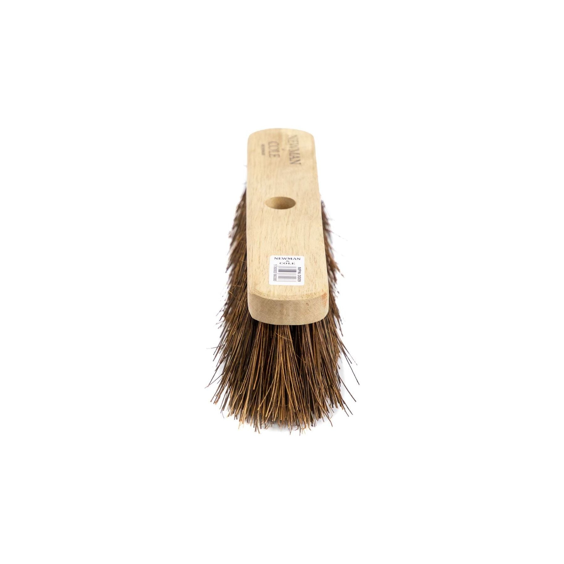 12" Newman and Cole Natural Stiff Bassine Broom Head with Hole and Wooden Handle - The Dustpan and Brush Store