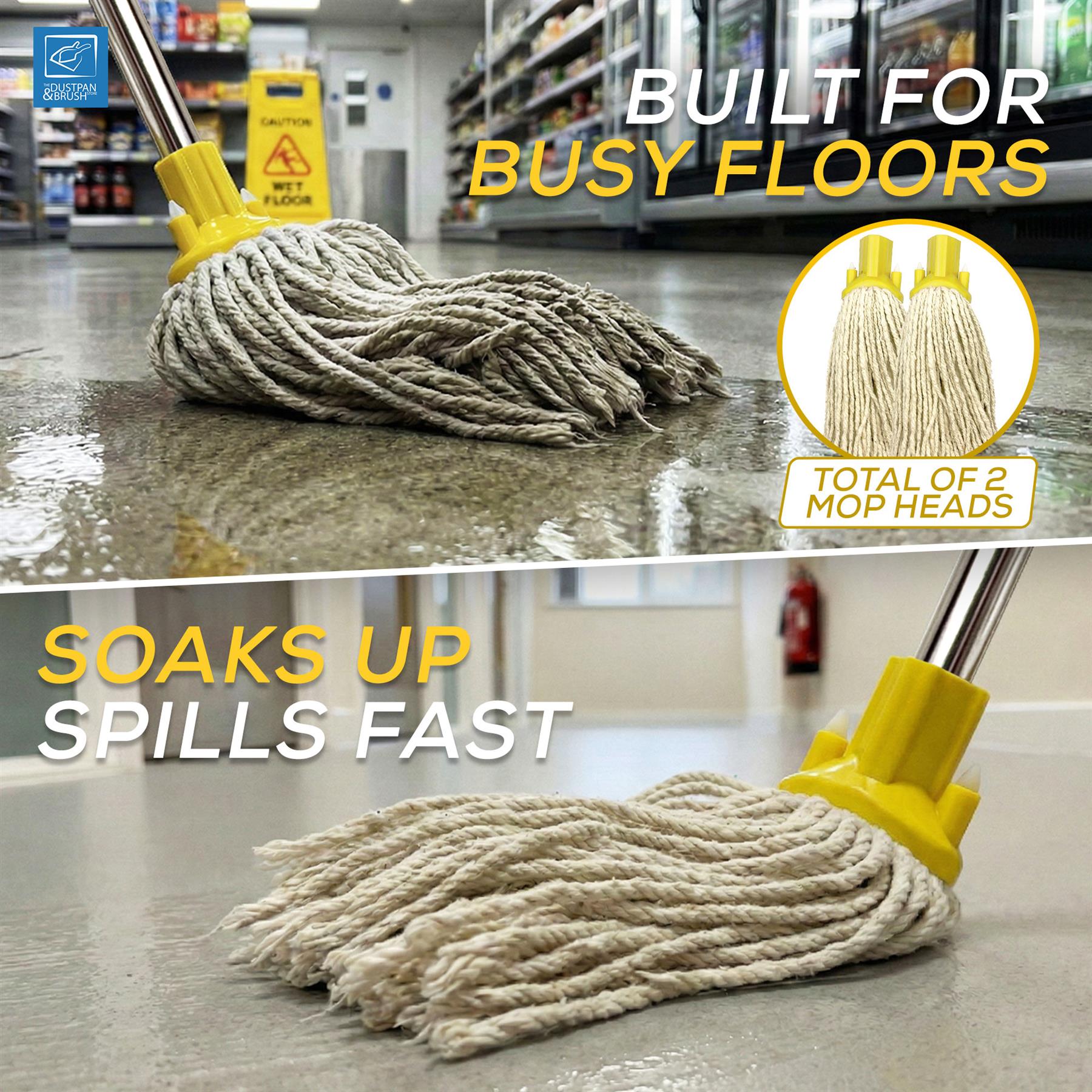Mop with yellow handle and wet mop head on a floor, with text 'Built for Busy Floors' and 'Soaks Up Spills Fast'.