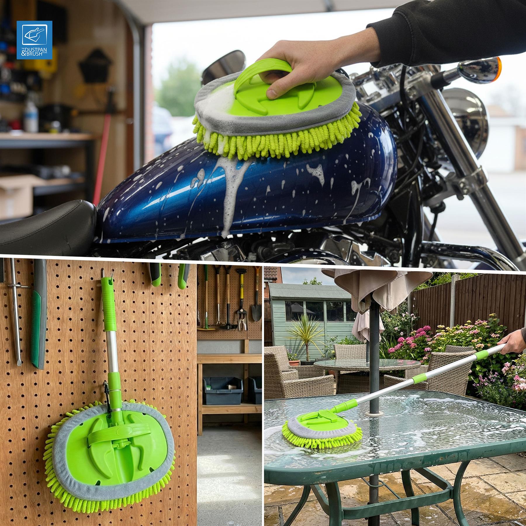 Green and gray cleaning brush with a long handle used on a motorcycle, wall-mounted, and cleaning a table.