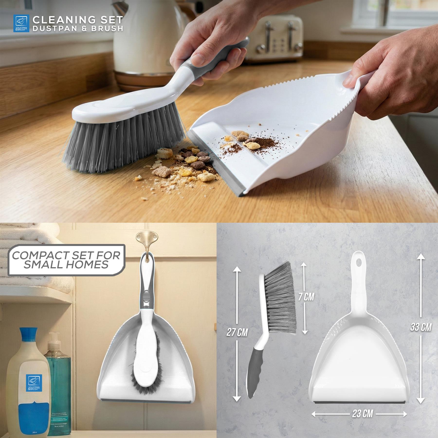 Grey Deluxe Dustpan and Brush Set dimensions and compact size