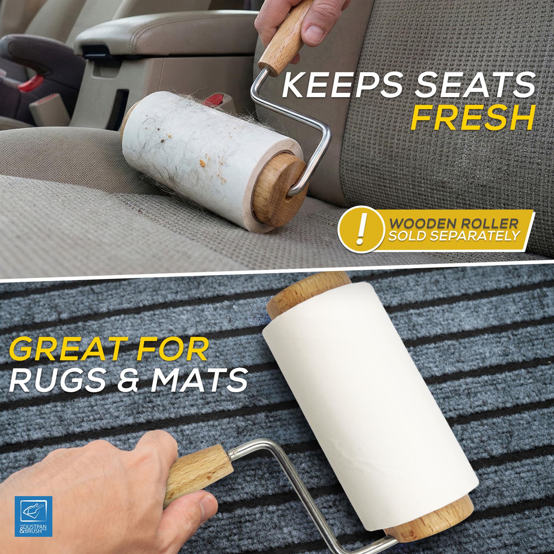 A two-panel promotional image showing a lint roller being used on a car seat and a rug/mat. Text reads 'KEEPS SEATS FRESH' and 'GREAT FOR RUGS & MATS.