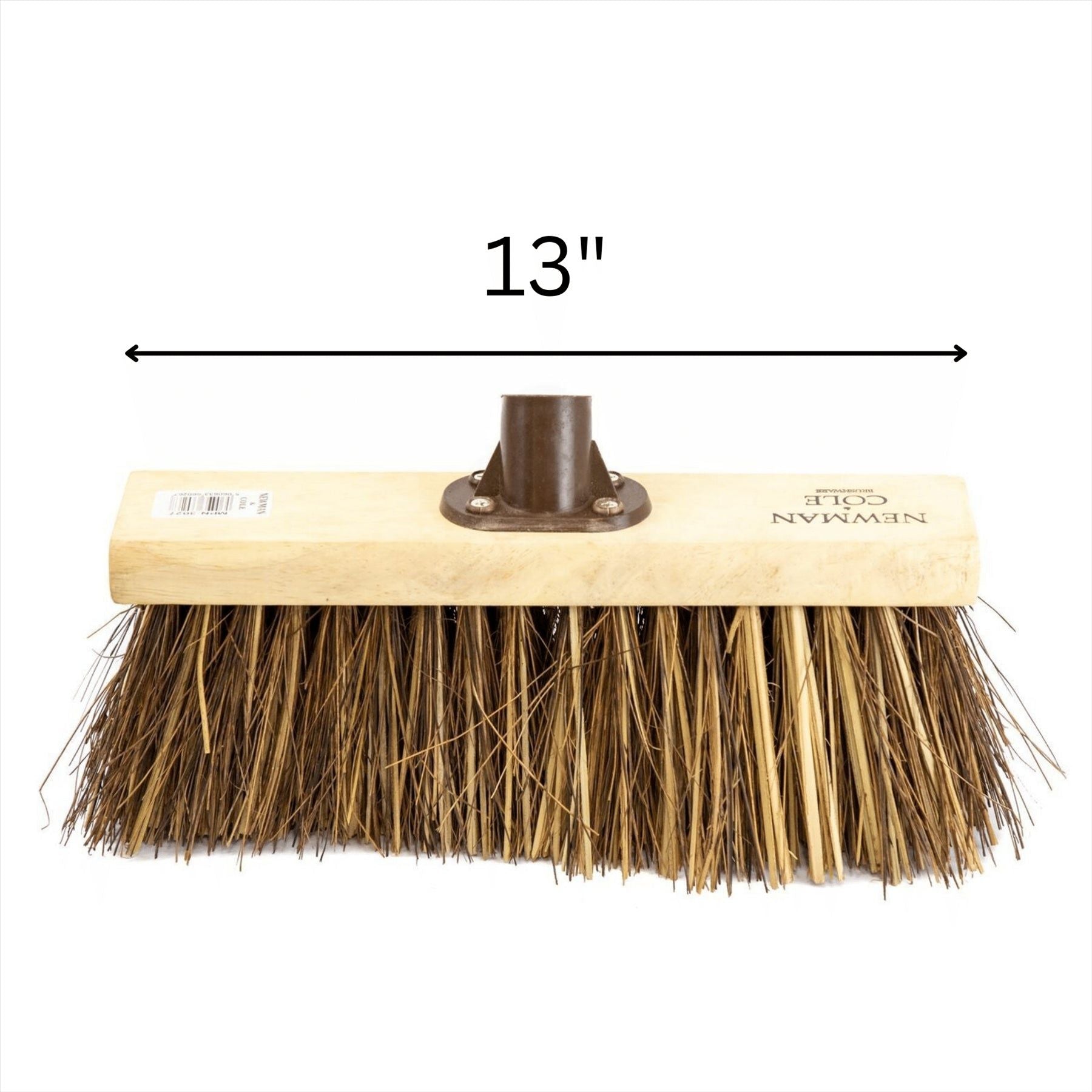 13" Newman and Cole Nautral Stiff Bass & Cane Flat Broom Head with Plastic Socket and Wooden Handle - The Dustpan and Brush Store