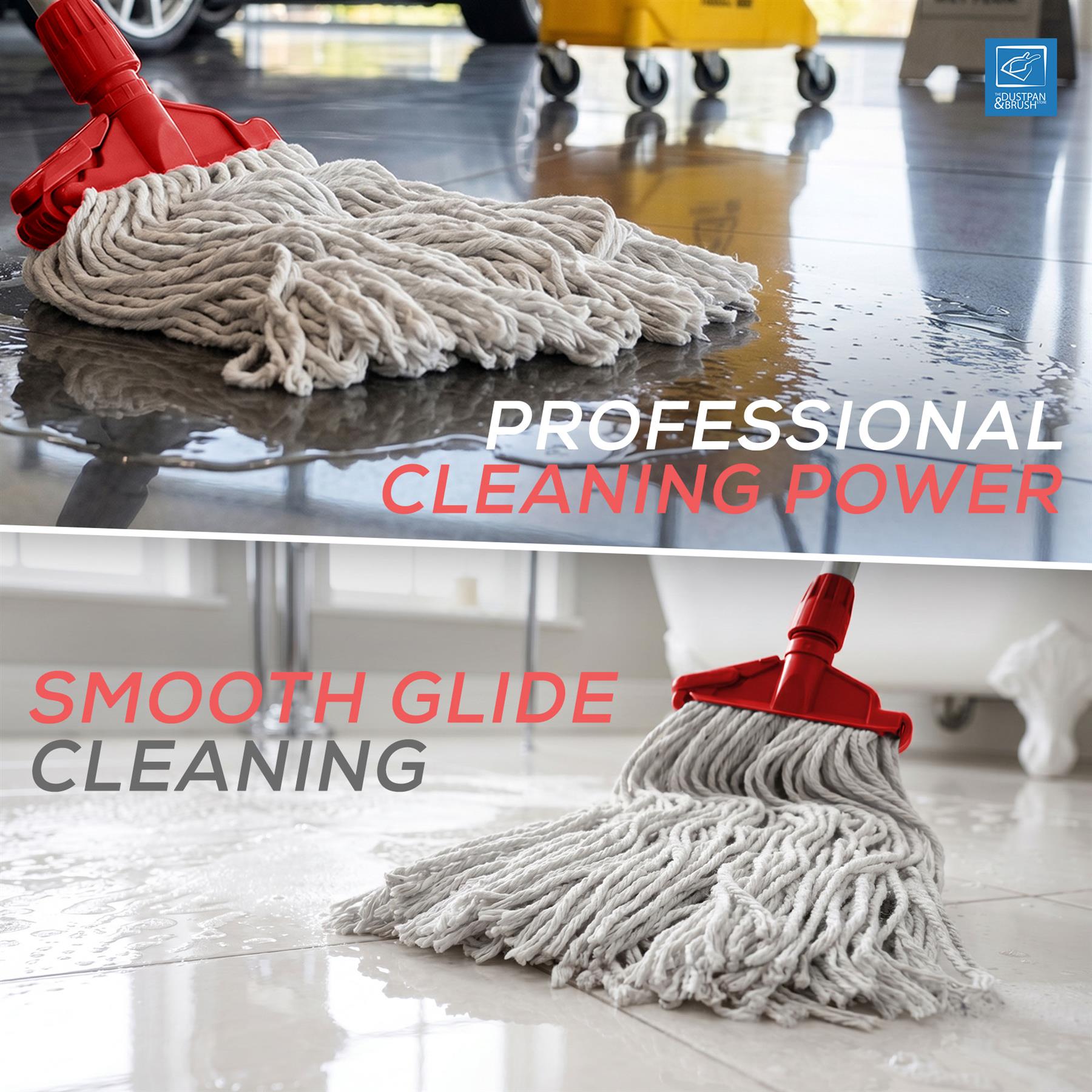 Mop with red handle cleaning a floor, with text 'Professional Cleaning Power' and 'Smooth Glide Cleaning'.