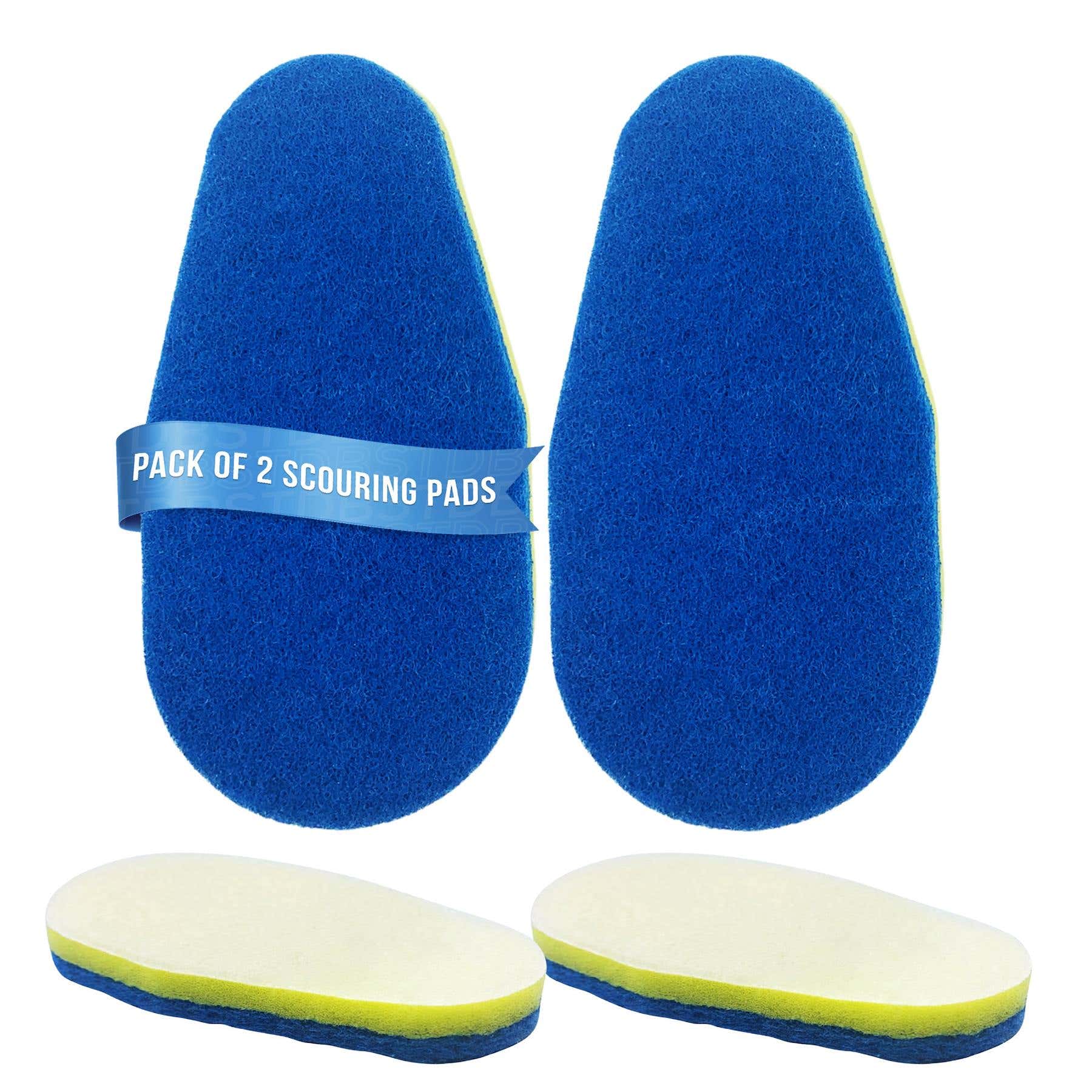 Two blue scouring pads shown upright with a blue paper band reading 'PACK OF 2 SCOURING PADS,' plus two oval scouring pads lying flat below, each showing a pale cream center and blue-yellow edge, on a white background.