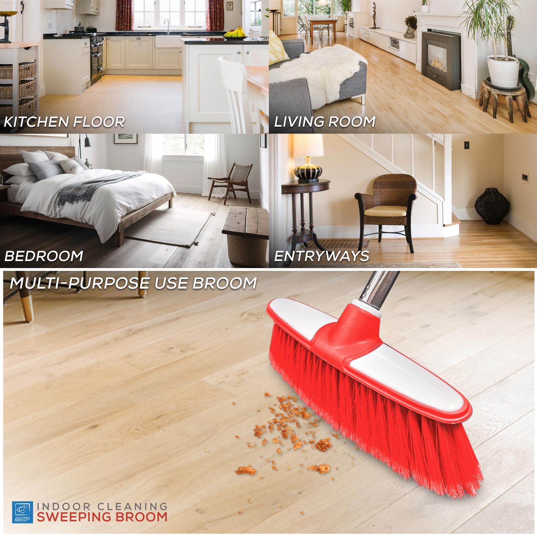 Red and white sweeping broom used on a wooden floor with various room labels above.