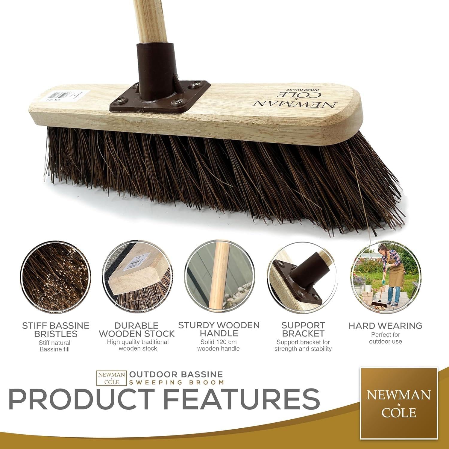 12" Newman and Cole Natural Bassine Broom Head with Plastic Socket Supplied with Handle - The Dustpan and Brush Store