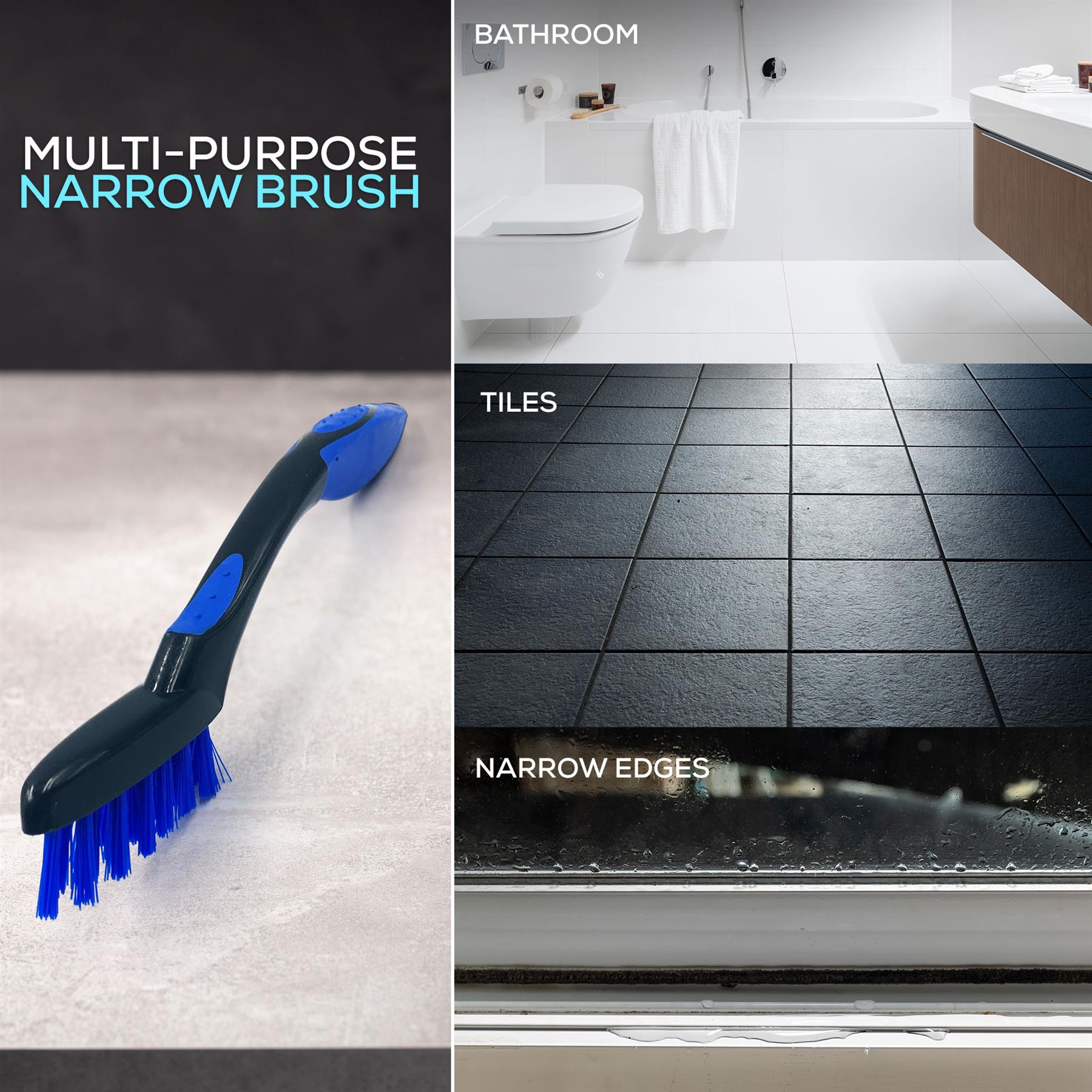 Multi-purpose narrow brush with text indicating its use on tiles and narrow edges in a bathroom setting.