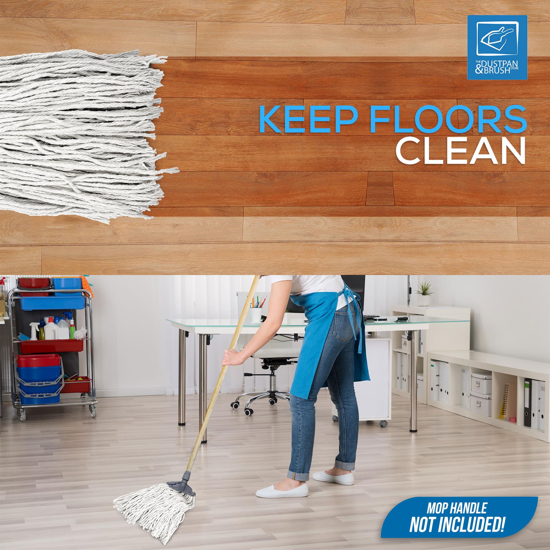 2 way image - Top image shows Kentucky Mop Heads cleaning a dusty wooden floor, and the bottom image shows a woman mopping her office floor
