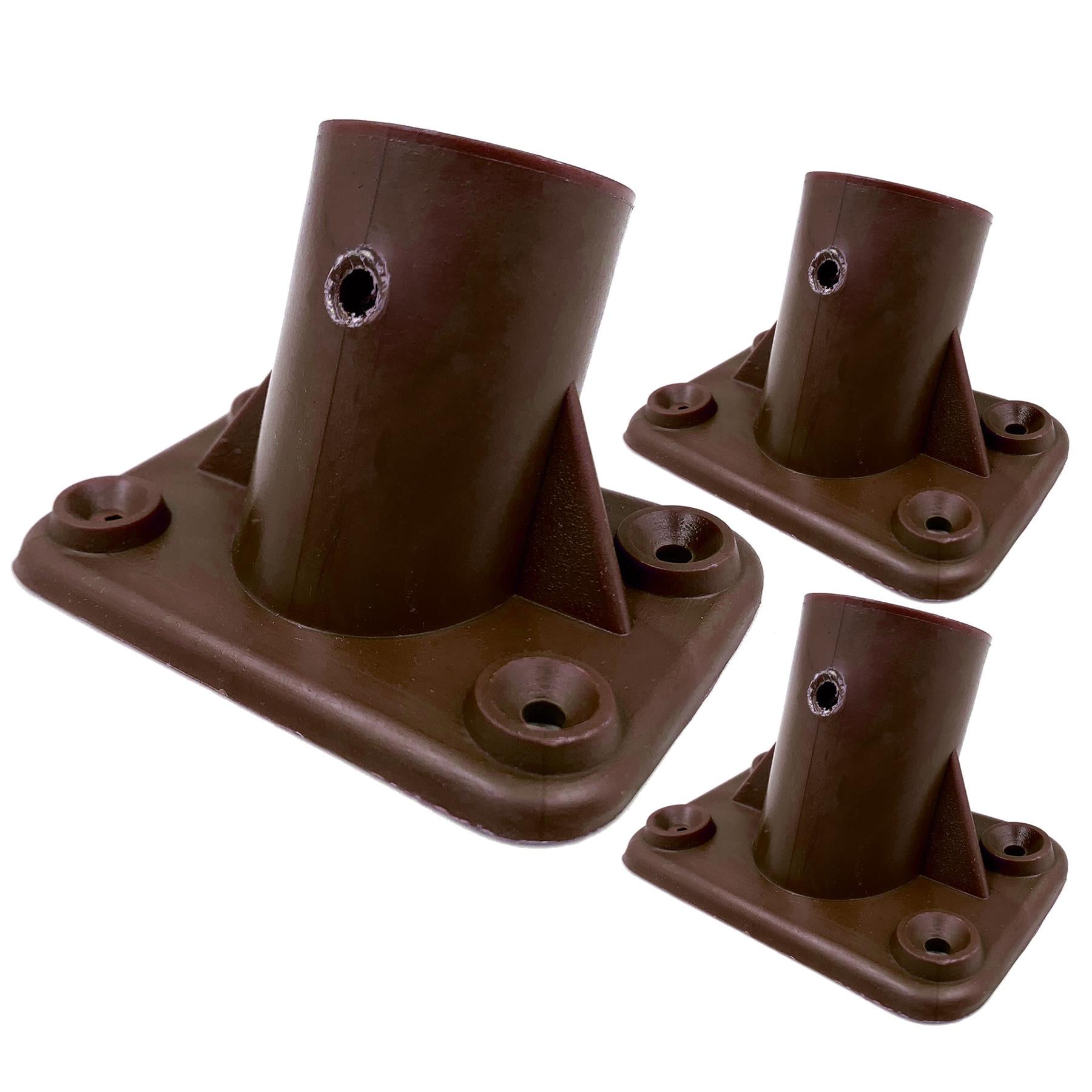 Three dark brown plastic mounting brackets with cylindrical posts and square bases, shown on a plain white background.