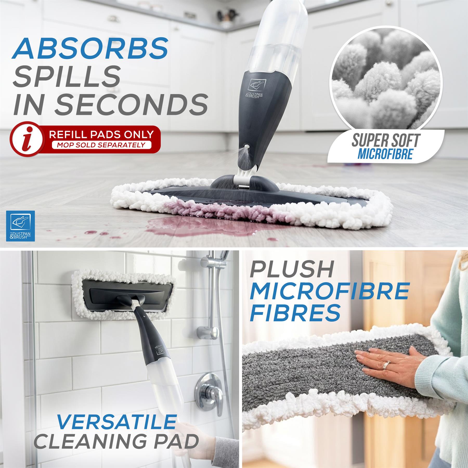 Steam mop shown in a kitchen and bathroom setting with text highlighting spill absorption, super soft microfibres, and a refill pad, plus a hand holding the mop head to show flexibility.