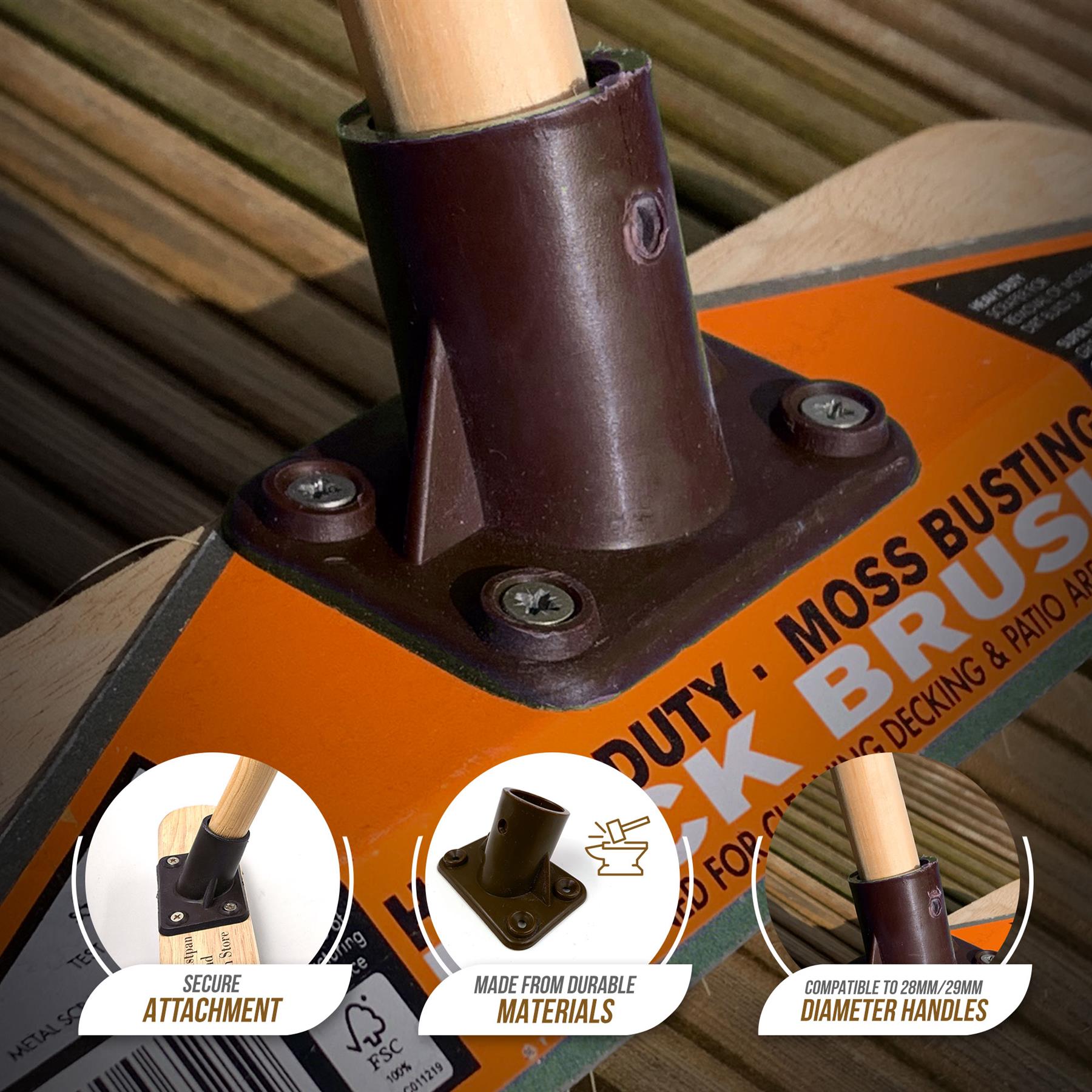 Close-up of a black and orange deck brush attachment with a wooden handle, showing the base mounting plate and three circular inset detail images on a wooden deck background.
