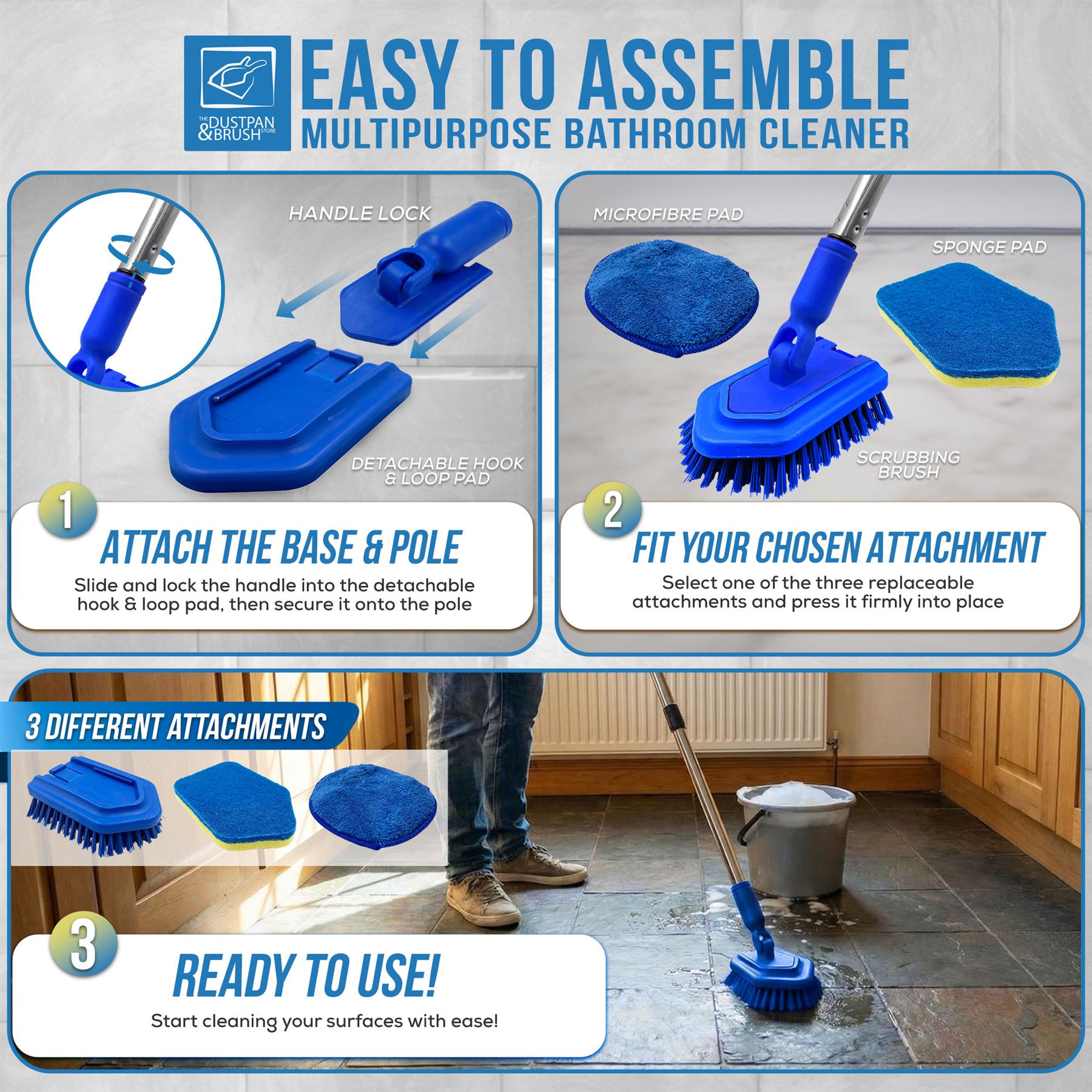 Multipurpose bathroom cleaner with attachments and assembly instructions.