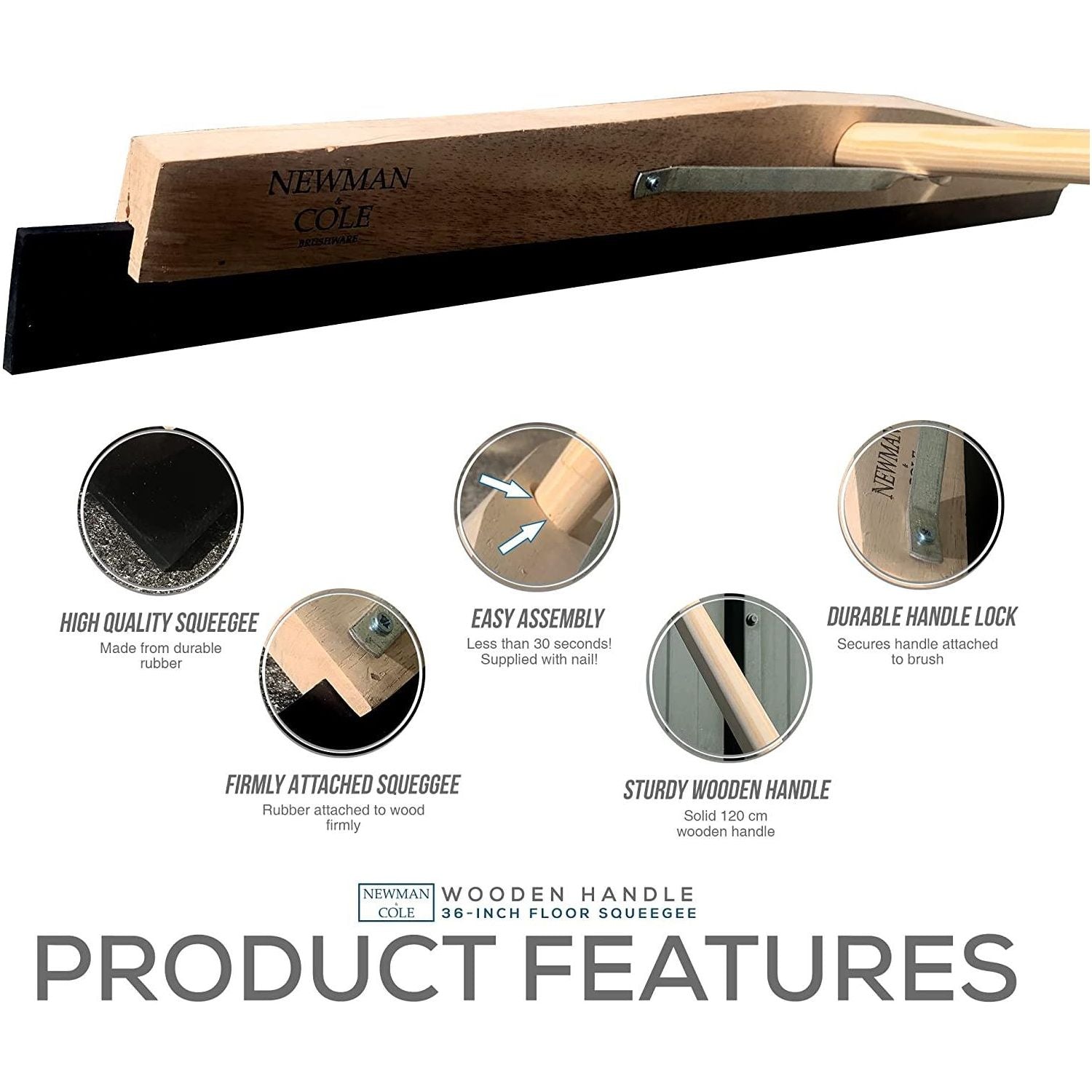 36" Newman and Cole Wooden Floor Squeegee with 1 1/8 Taper Handle - The Dustpan and Brush Store