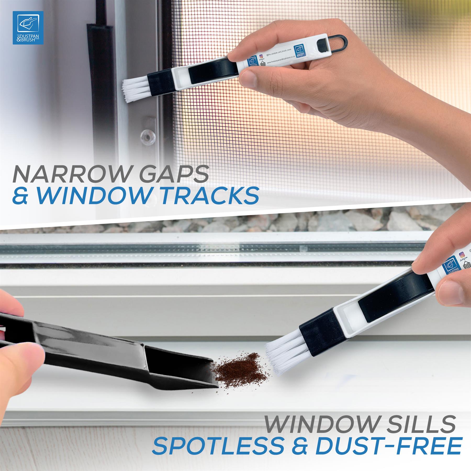 Cleaning tool being used to clean narrow gaps and window tracks with text indicating effectiveness.