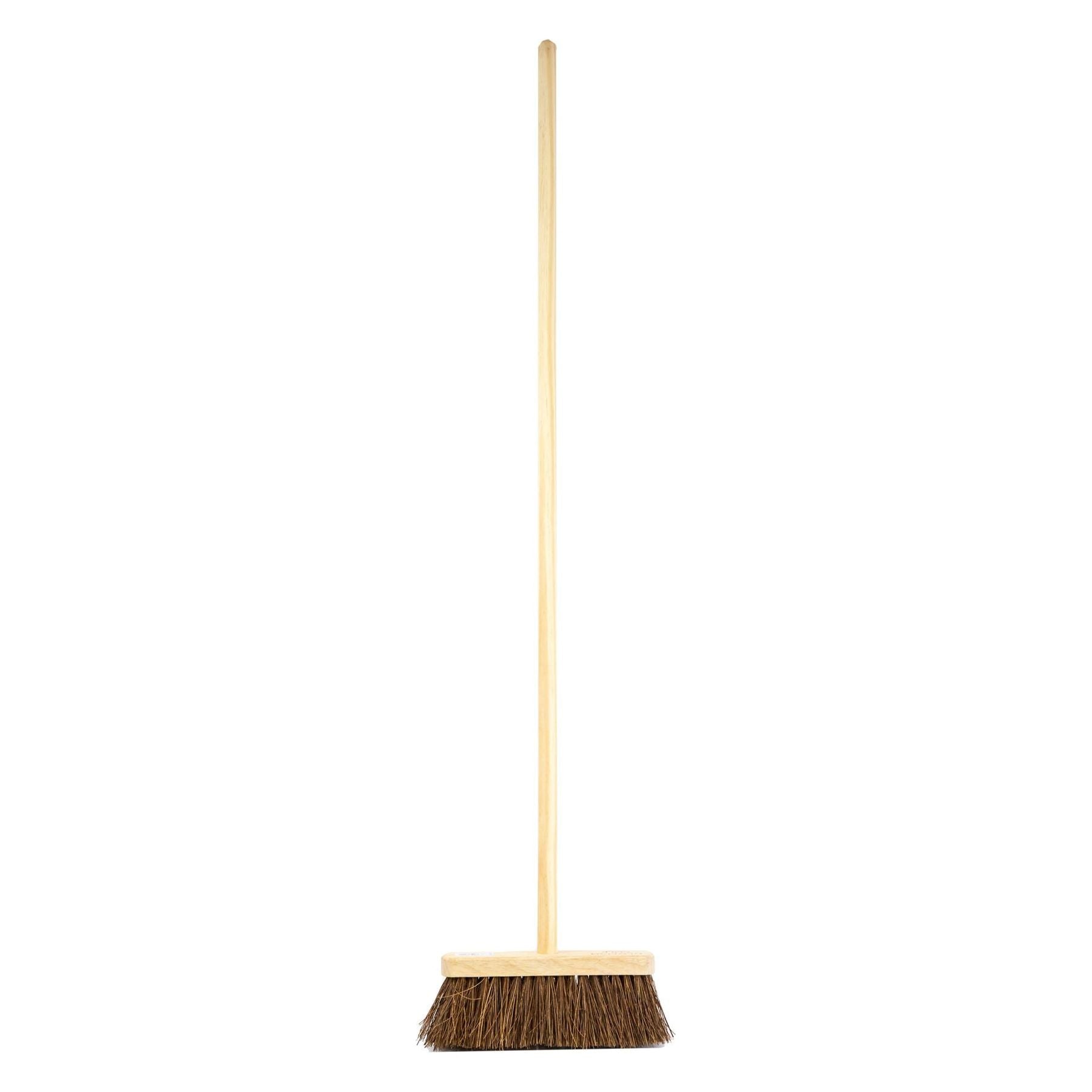 10" Newman and Cole Natural Stiff Bassine Broom Head with Hole and Wooden Handle - The Dustpan and Brush Store
