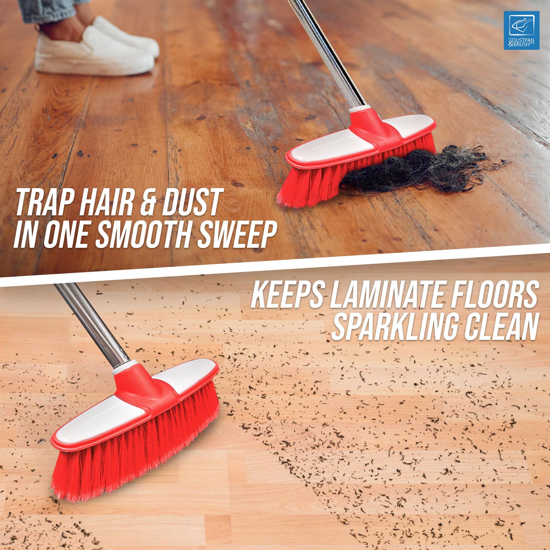 Red broom cleaning hair and dust from a wooden floor with text about cleaning floors.