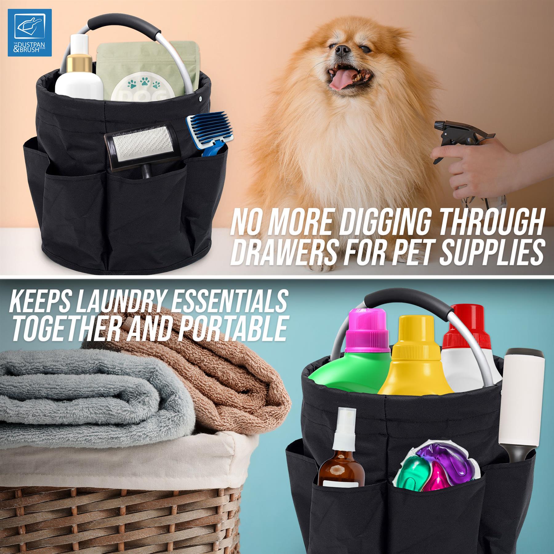 A black pet laundry organizer bag shown in three usage scenarios: empty with pet supplies, holding laundry, and filled with cleaning products. A fluffy dog is visible spraying water in the top-right panel.