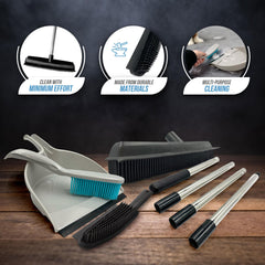 Rubber Broom with 4 Piece Handle, Rubber Hand Brush and Rubber Dustpan and Brush Set