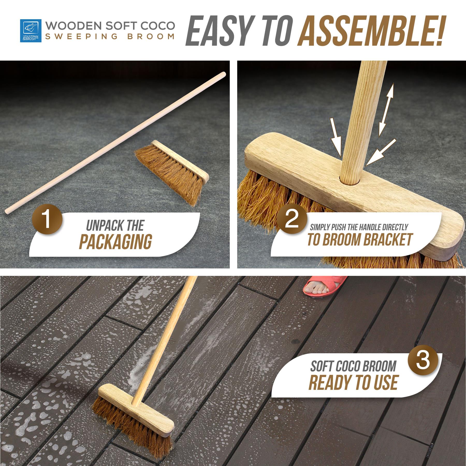 Three-panel assembly guide for a wooden soft coco sweeping broom, showing unpacking, pushing the handle into the broom bracket, and the broom ready to use on a wet dark wooden deck.