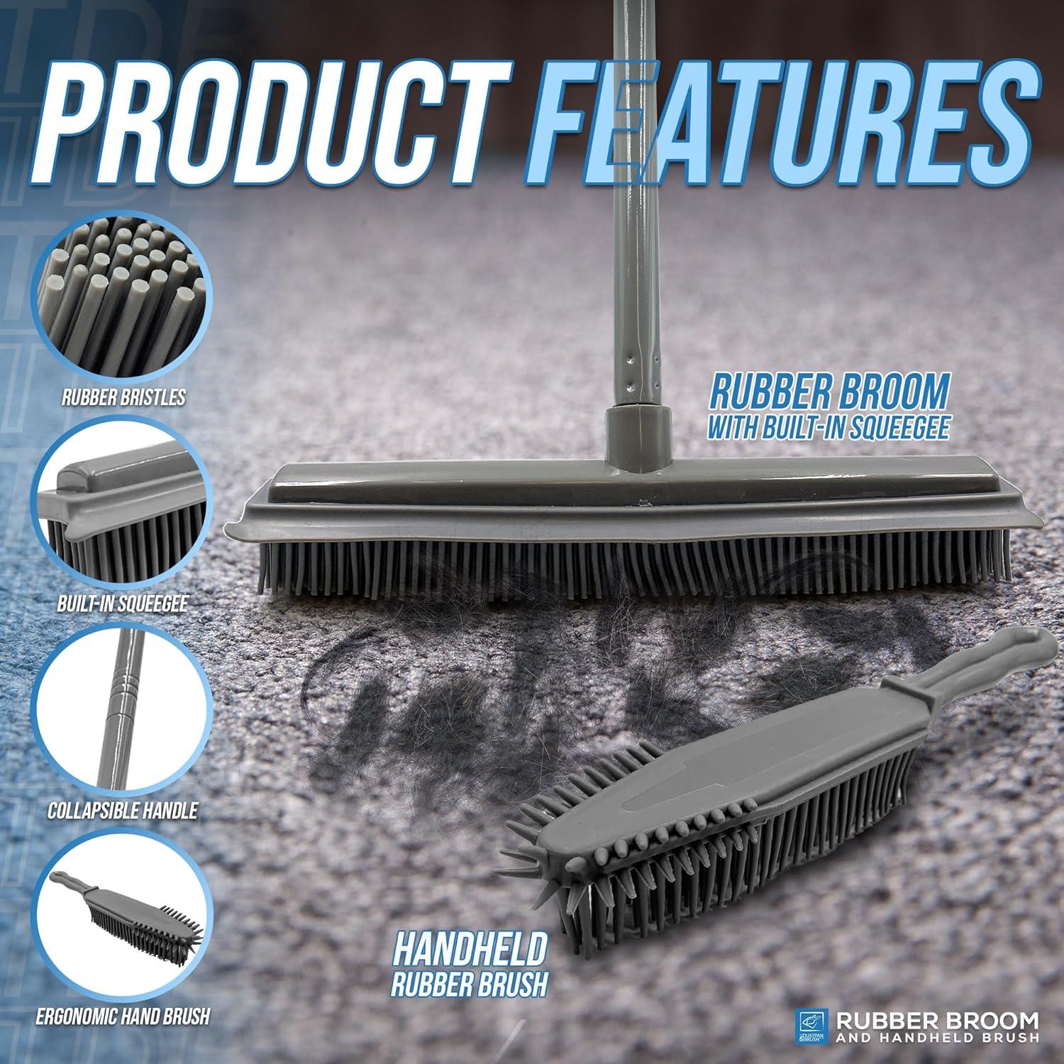 Product features graphic for a grey rubber floor brush and handheld rubber brush set, showing the main rubber broom, a separate handheld brush, and circular callouts highlighting rubber bristles, built-in squeegee, collapsible handle, and ergonomic hand brush.