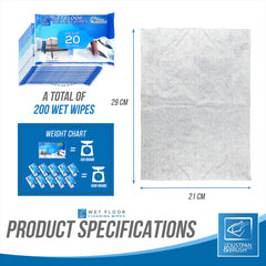 200 Wet Floor Cleaning Wipes - 10 Packs of 20