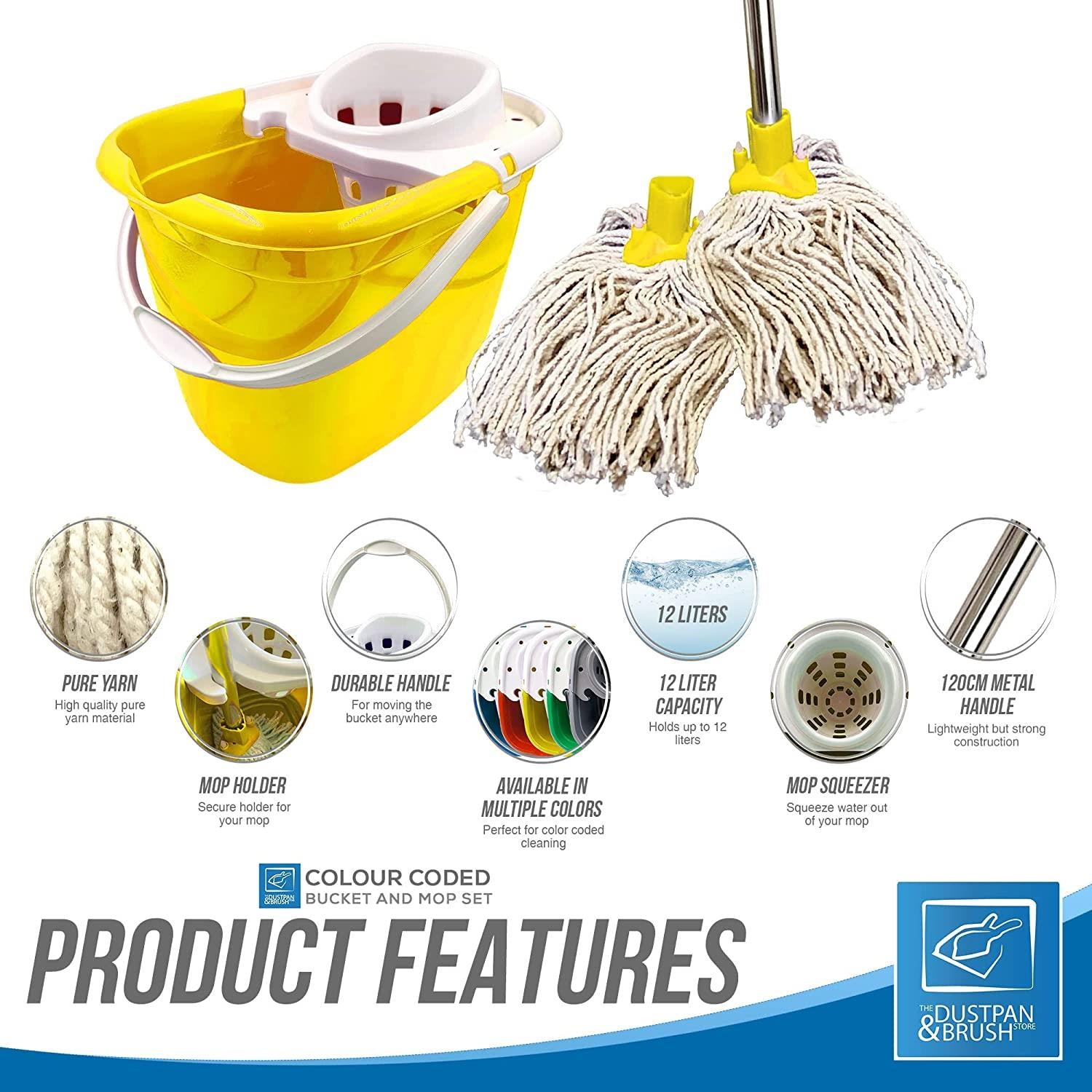 Yellow Mop Bucket with 2 Cotton Mop Heads and 4 Piece Handle - The Dustpan and Brush Store