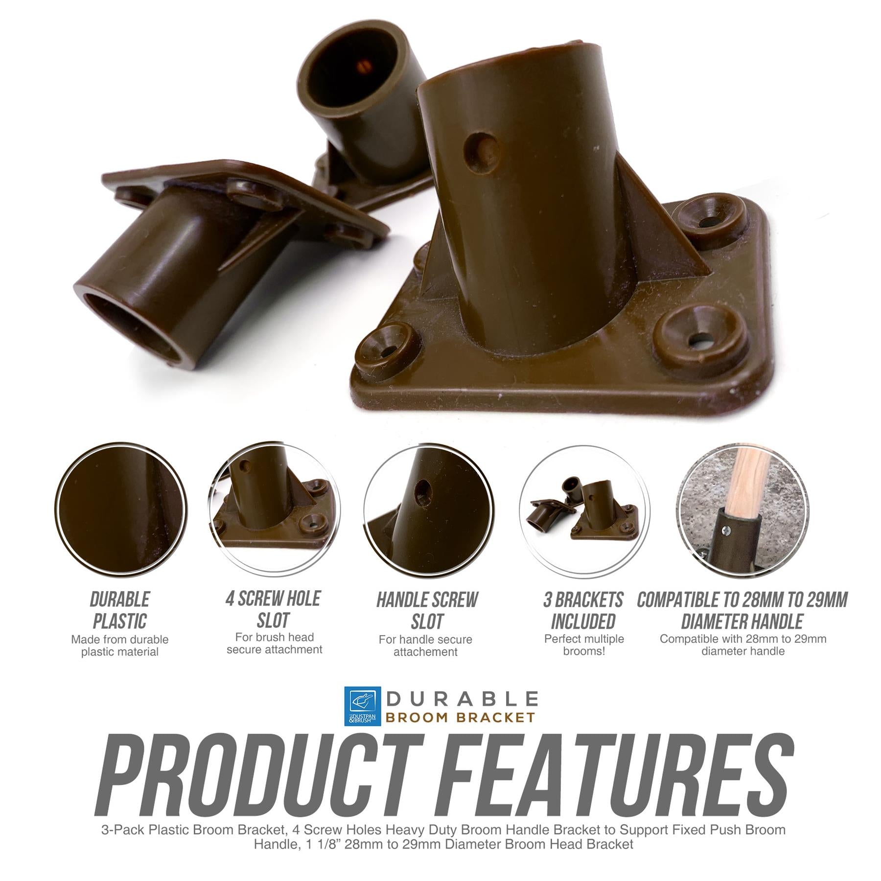 Three-pack of dark brown plastic broom handles and mounting brackets shown on a white background, with circular feature callouts and text reading 'Product Features' and 'Durable Broom Bracket.'.