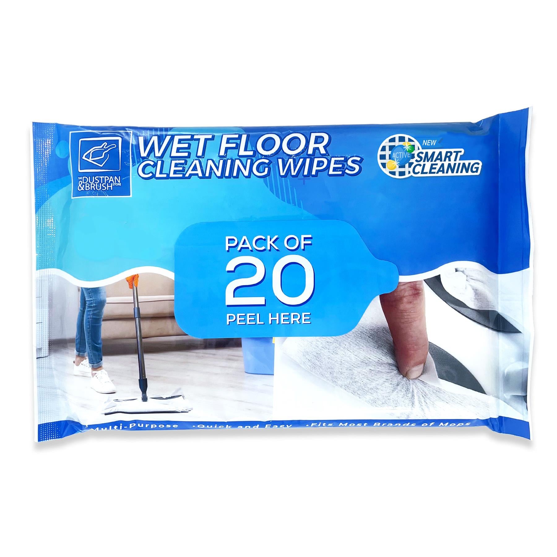 Pack of 20 wet floor cleaning wipes with a blue and white design on a white background.
