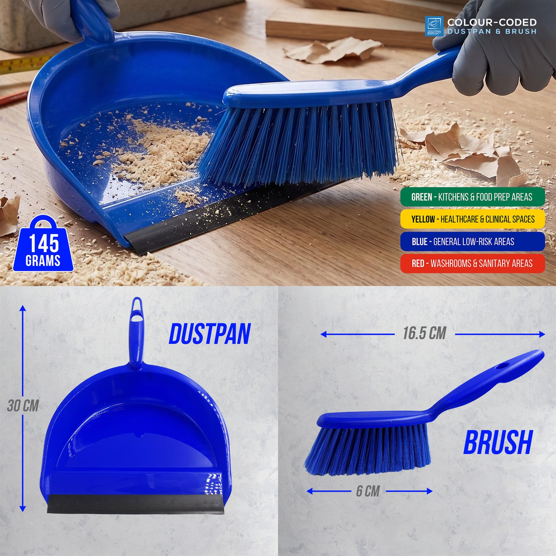 Blue dustpan and brush set with cleaning action on a wooden surface, accompanied by color-coded usage instructions.