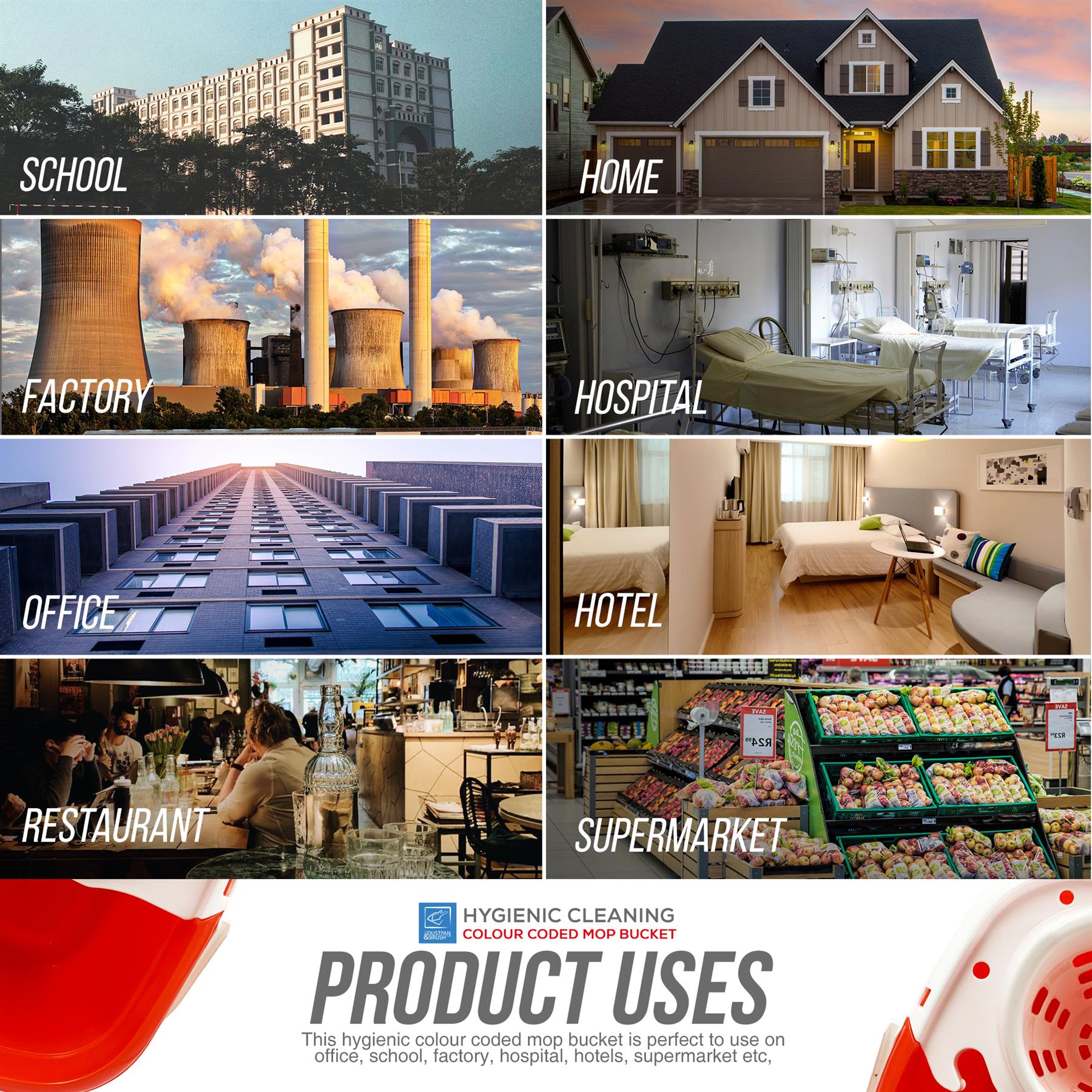 Collage of various building types with labels including school, home, factory, hospital, office, hotel, restaurant, and supermarket. Hygienic cleaning product uses are also displayed.