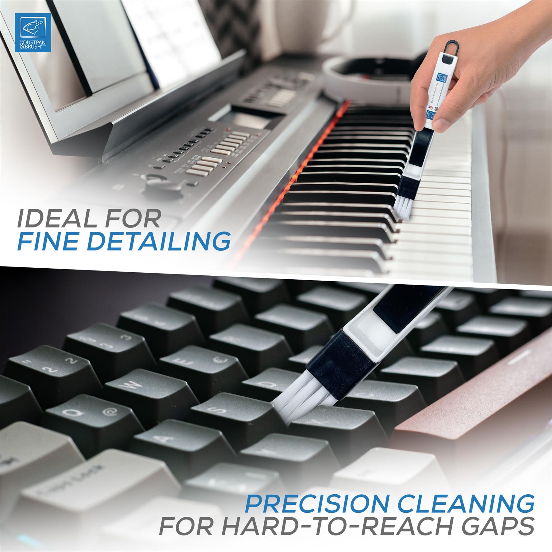 Cleaning tool being used on a keyboard with text highlighting its use for fine detailing and precision cleaning.