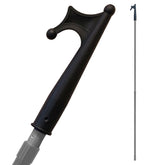 A close-up of a black walking cane handle with a gray shaft section, shown alongside the full extended silver-gray pole and black top section on a plain white background.