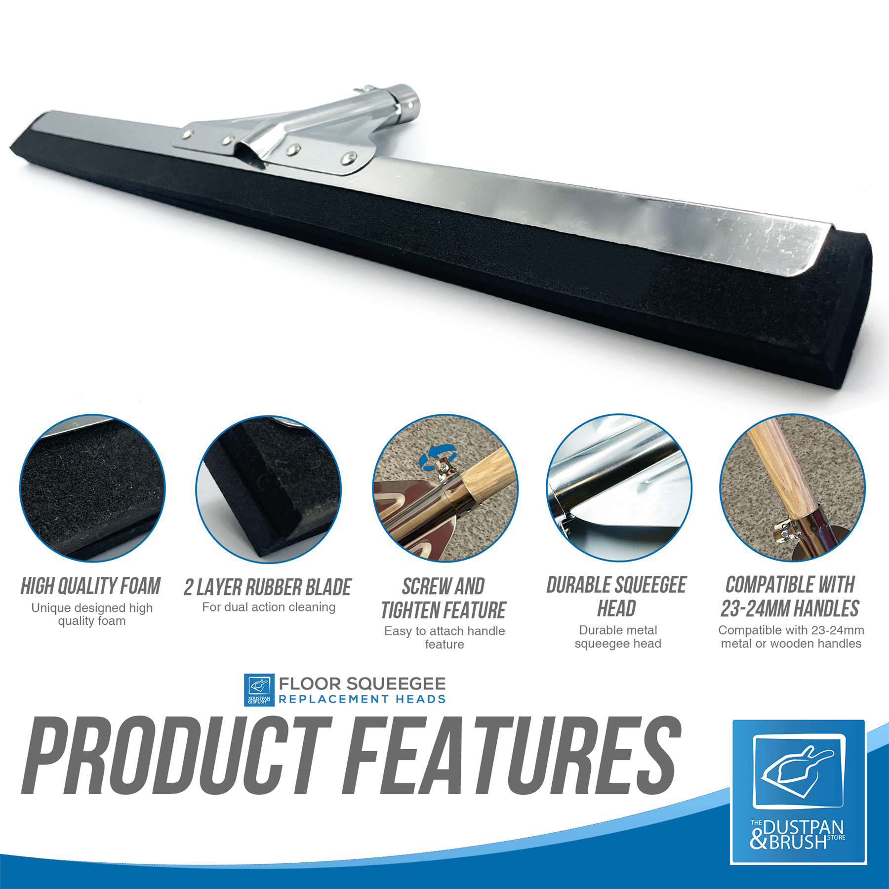 22" Black Foam Floor Squeegee Blade and Wooden Handle - The Dustpan and Brush Store